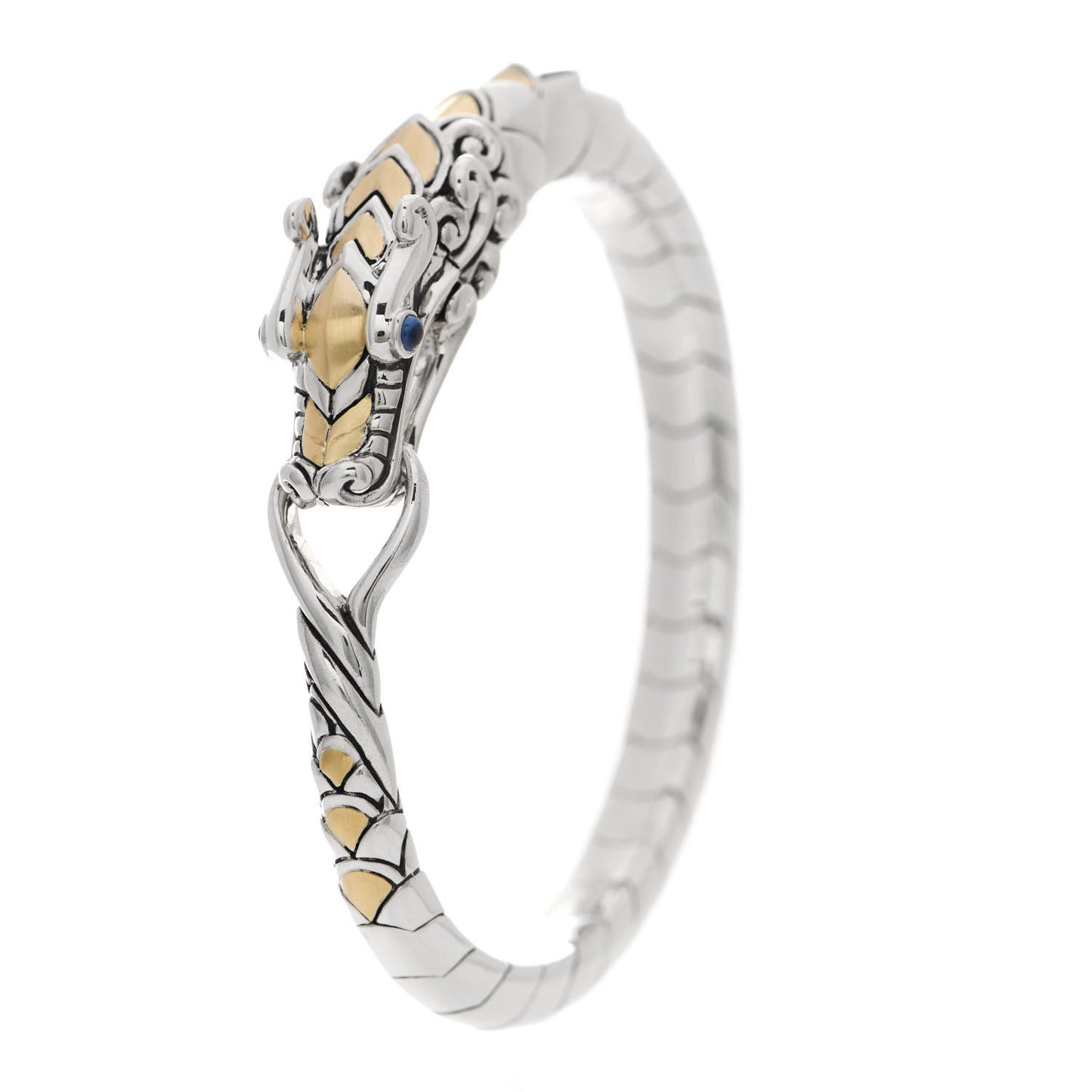 Sterling Silver 18K Yellow Gold Blue Sapphire Naga Dragon Bangle Bracelet