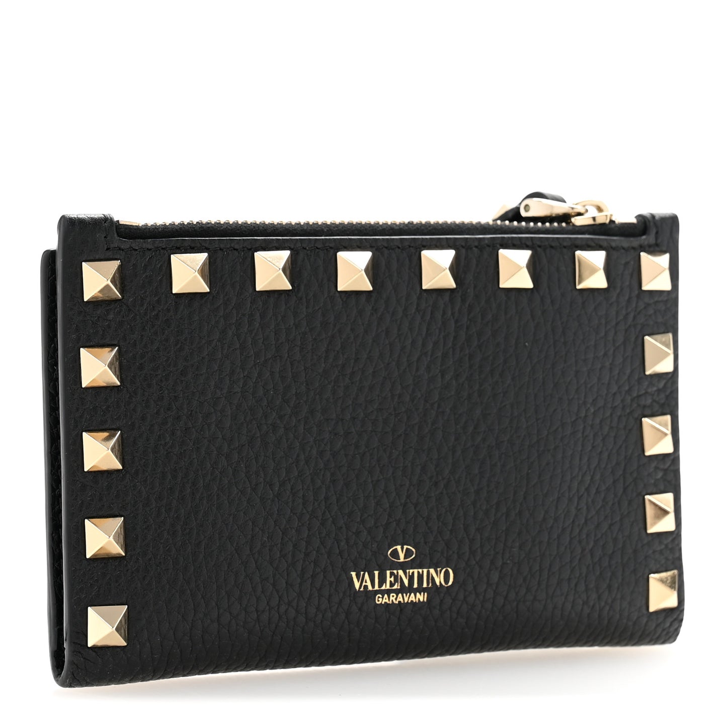 Pebbled Calfskin Rockstud Coin Case Card Holder Black