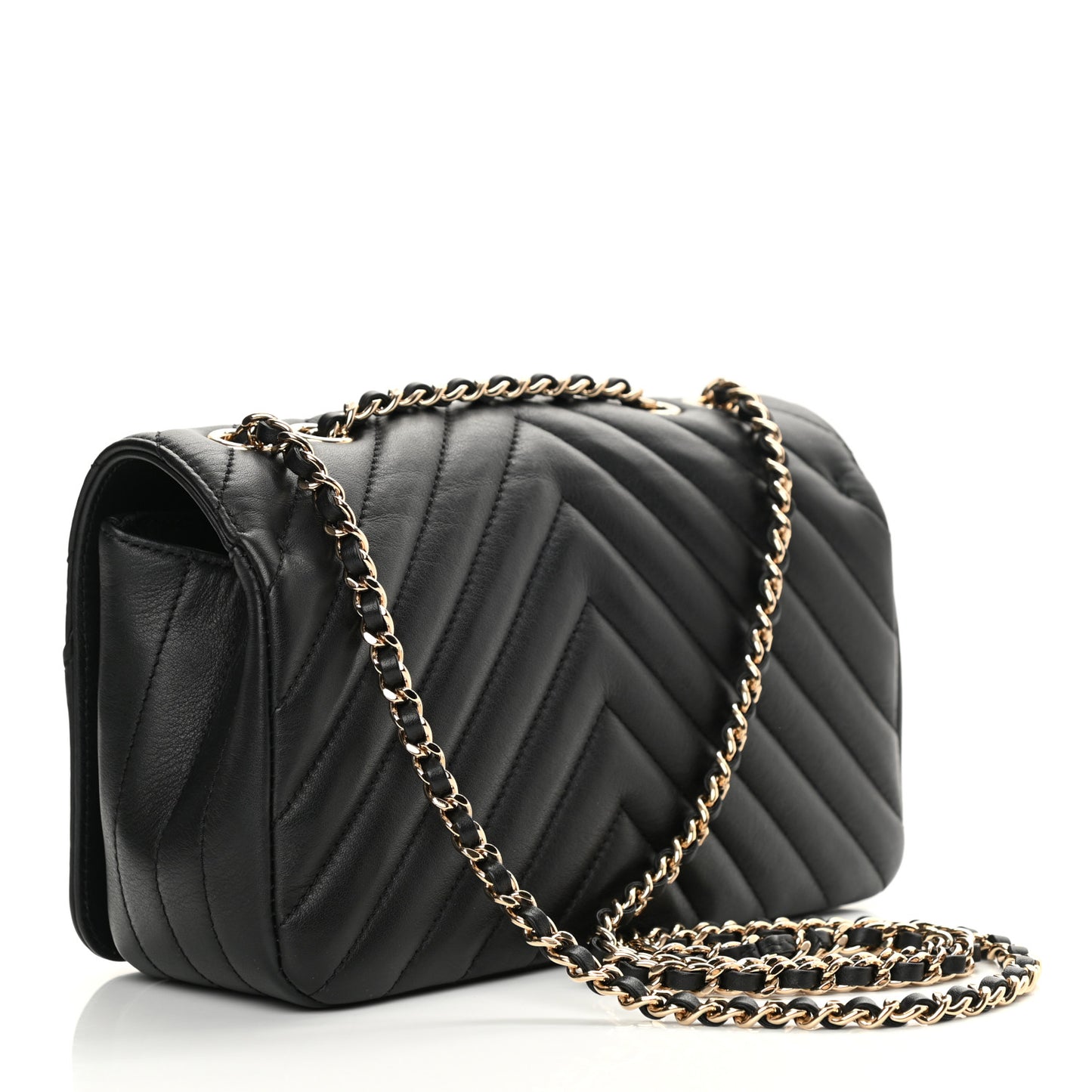 Calfskin Chevron Quilted Mini Statement Flap Black