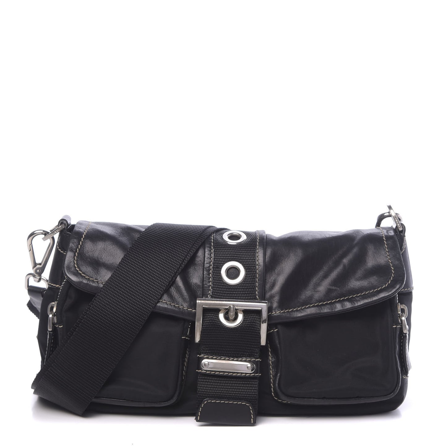 Soft Calfskin Nylon Buckle Shoulder Bag Black