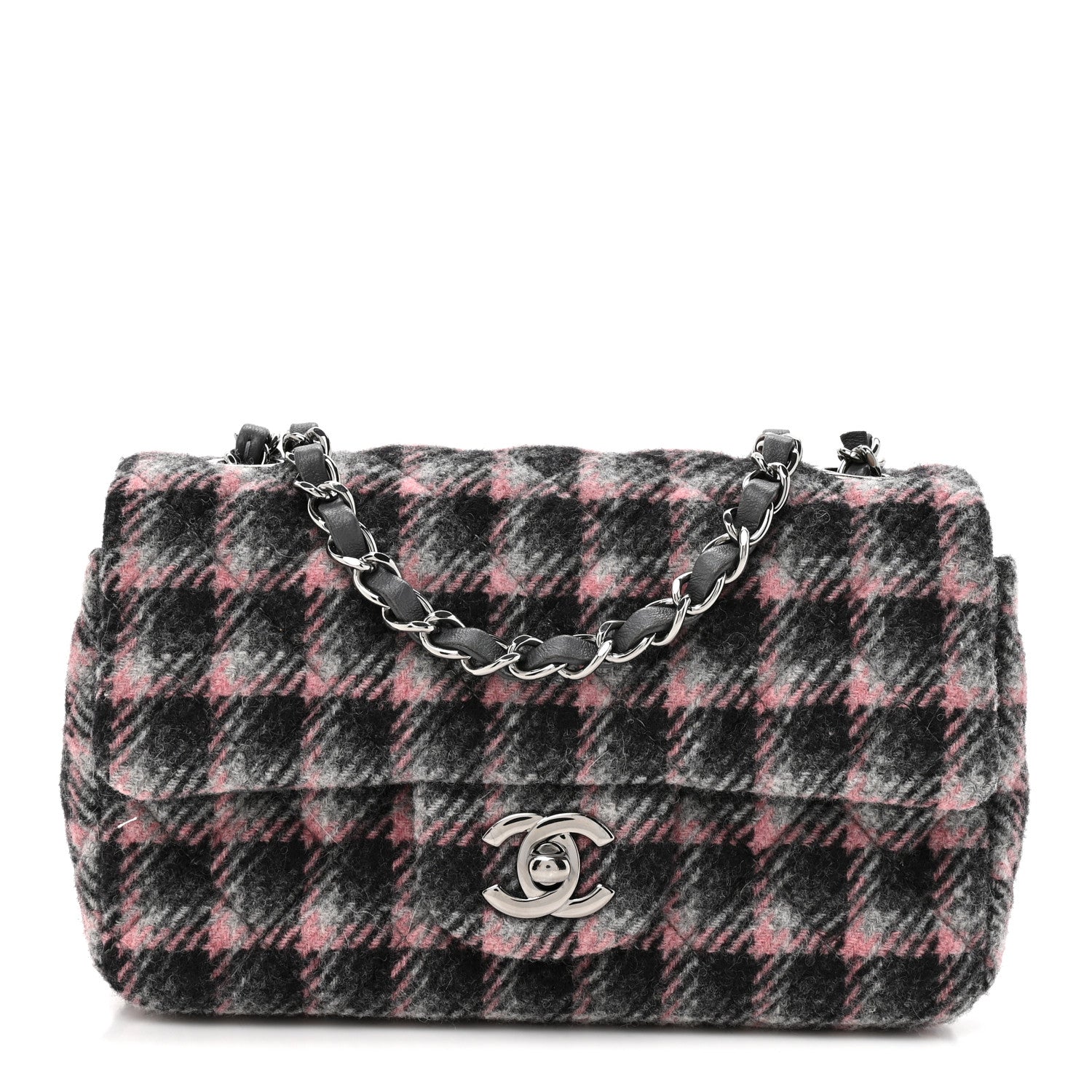 Chanel Wool Plaid Quilted Mini Rectangular Flap Pink Grey