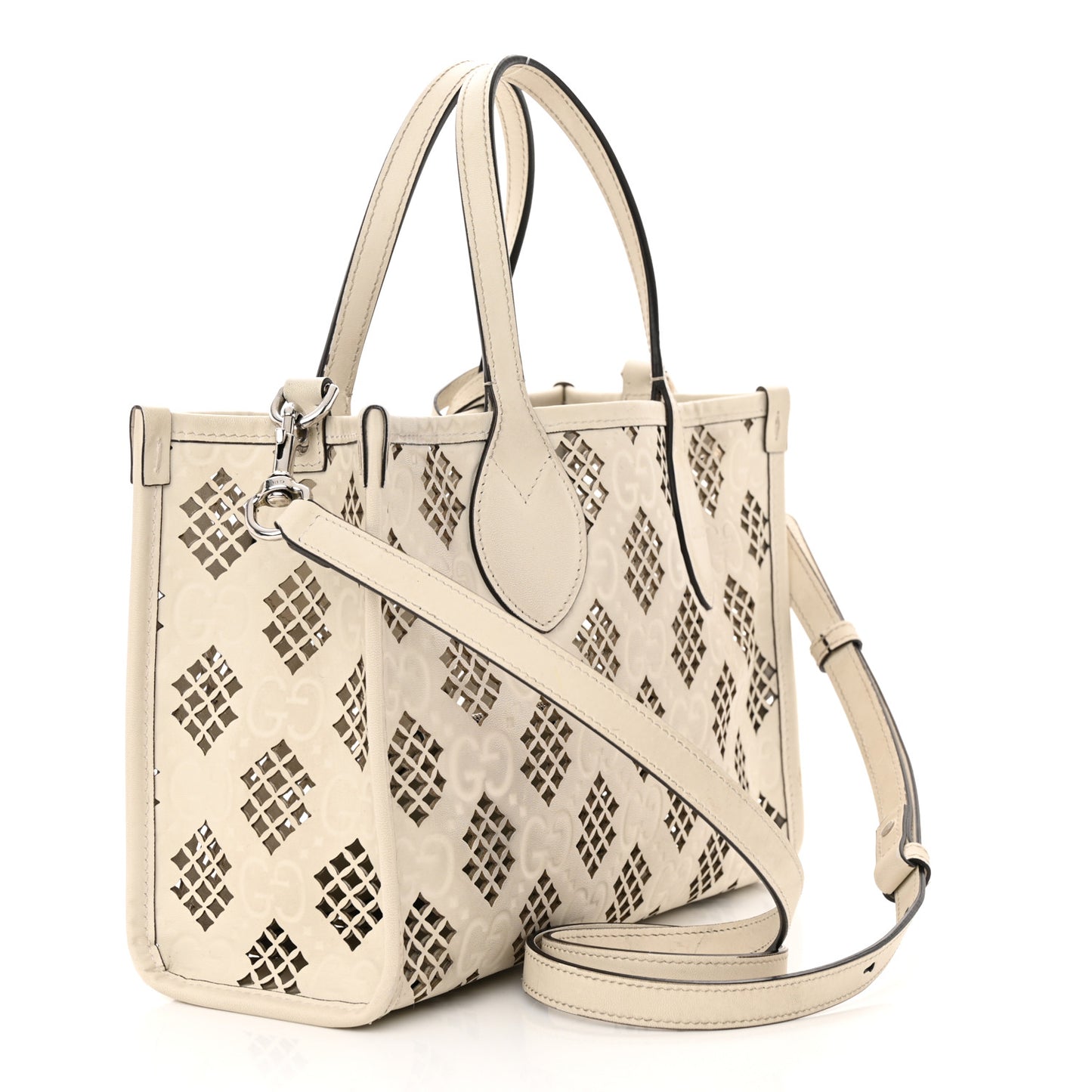 Calfskin GG Monogram Diamond Cut Small Ophidia Tote Bag Off White