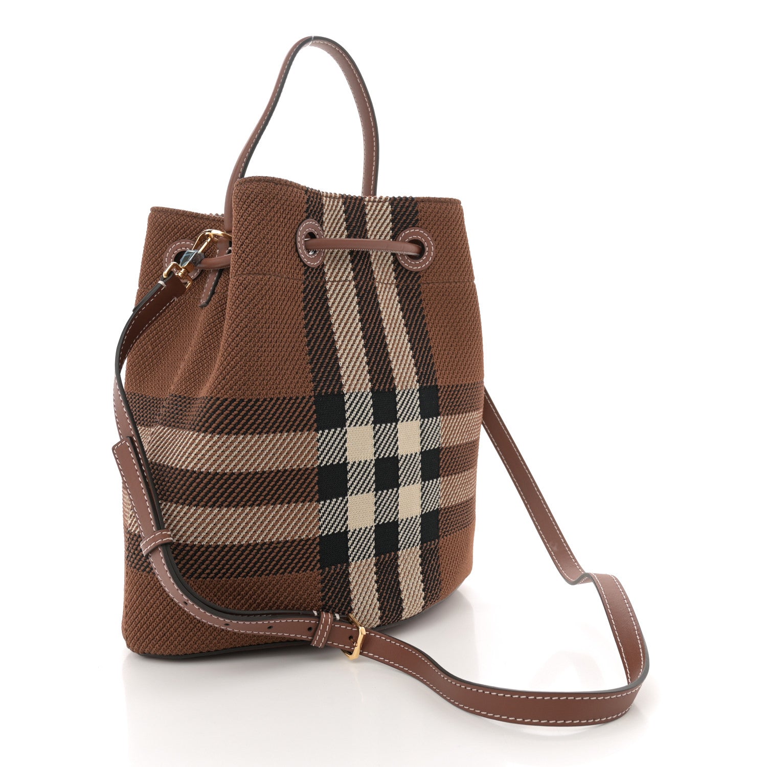 Burberry Knitted Check Calfskin TB Small Drawstring Bucket Bag Dark Birch Brown 2 of 11