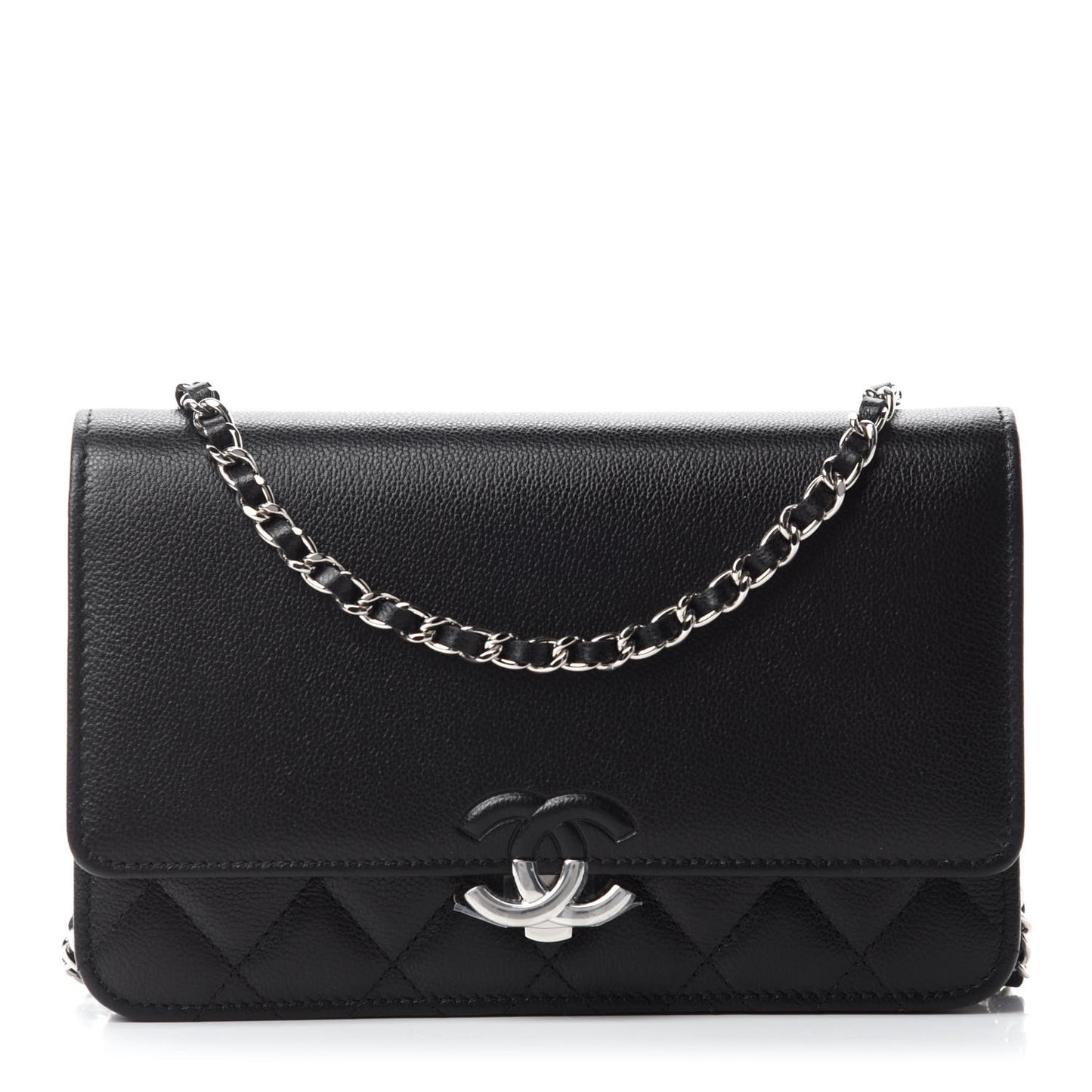Grained Calfskin Quilted CC Box Wallet On Chain WOC Black