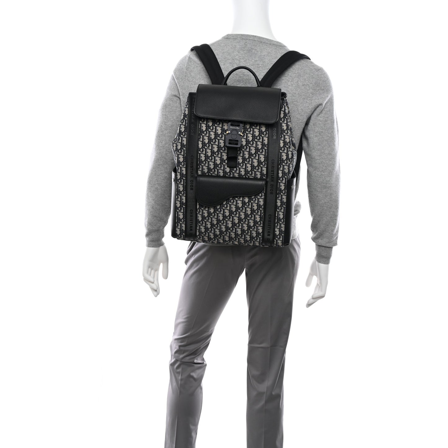 Oblique Jacquard Grained Calfskin Saddle Backpack With Flap Beige Black