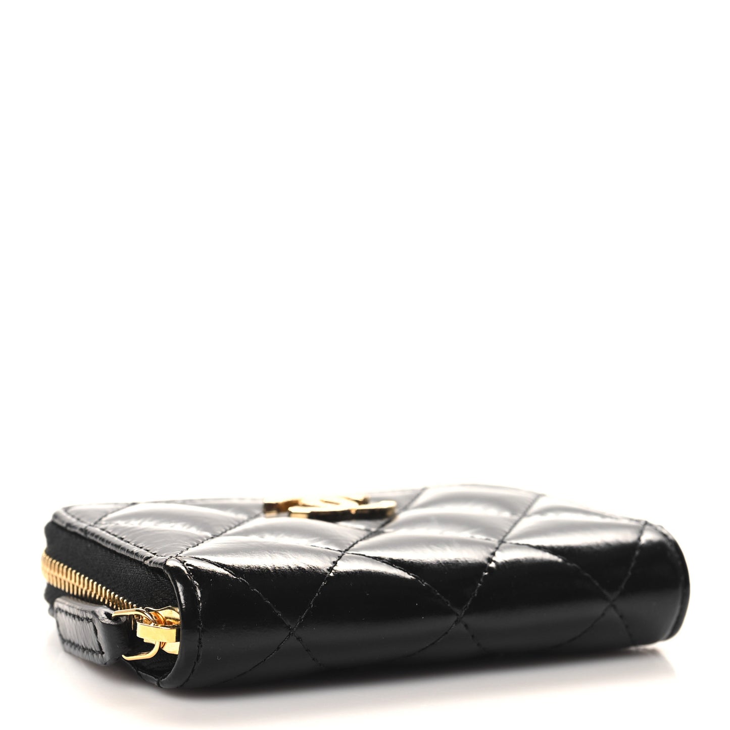 Shiny Lambskin Quilted Textured CC Zip Coin Purse Black