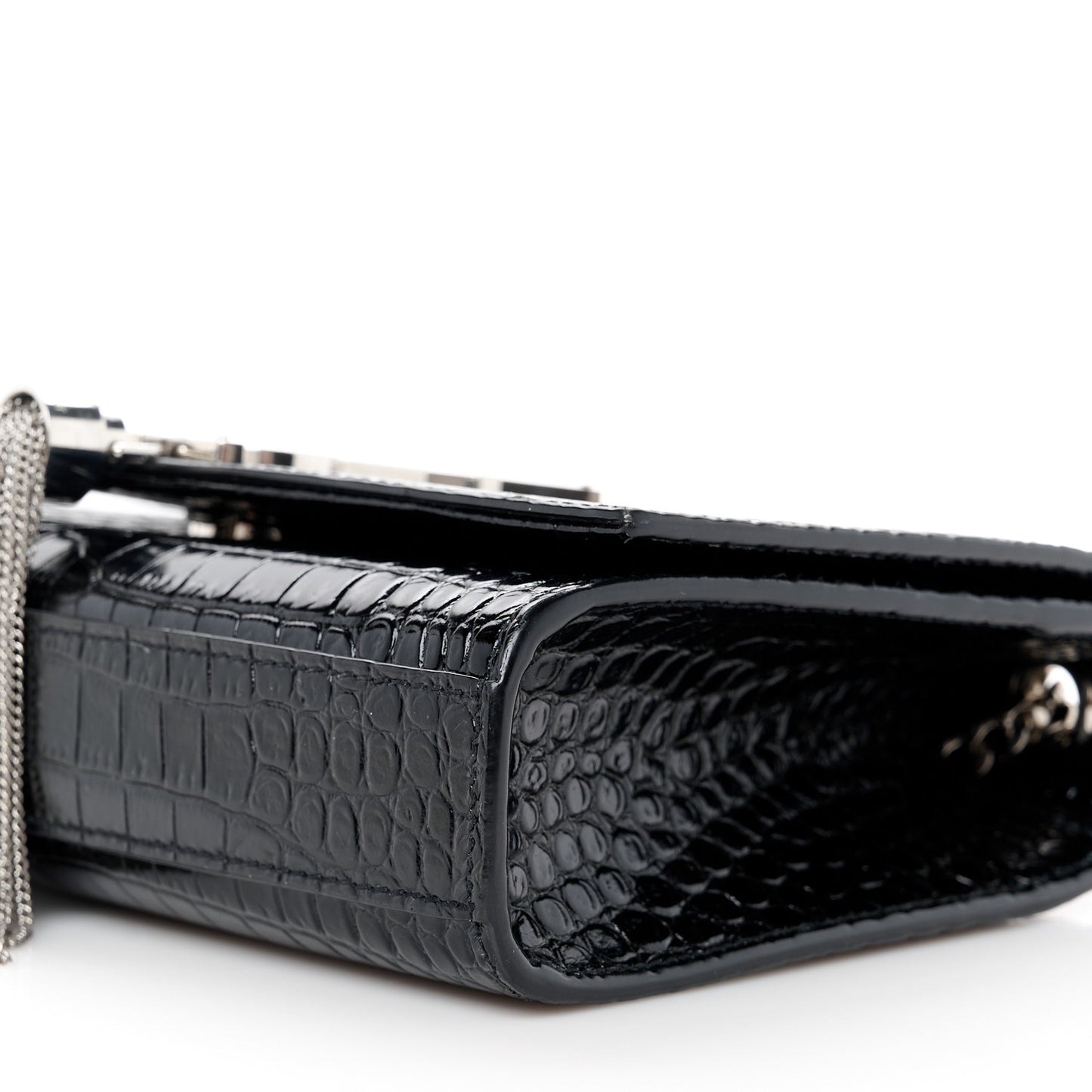 Calfskin Crocodile Embossed Small Classic Monogram Kate Tassel Satchel Black