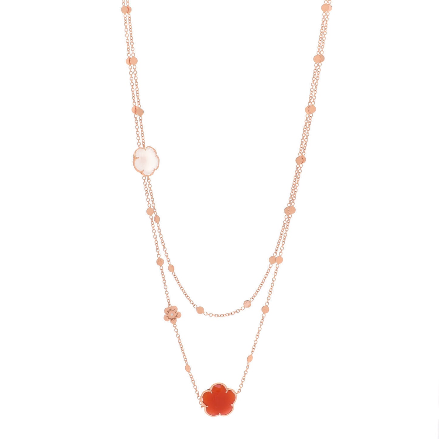 18K Rose Gold Milky Quartz Carnelian Diamond Bon Ton Sautoir Necklace