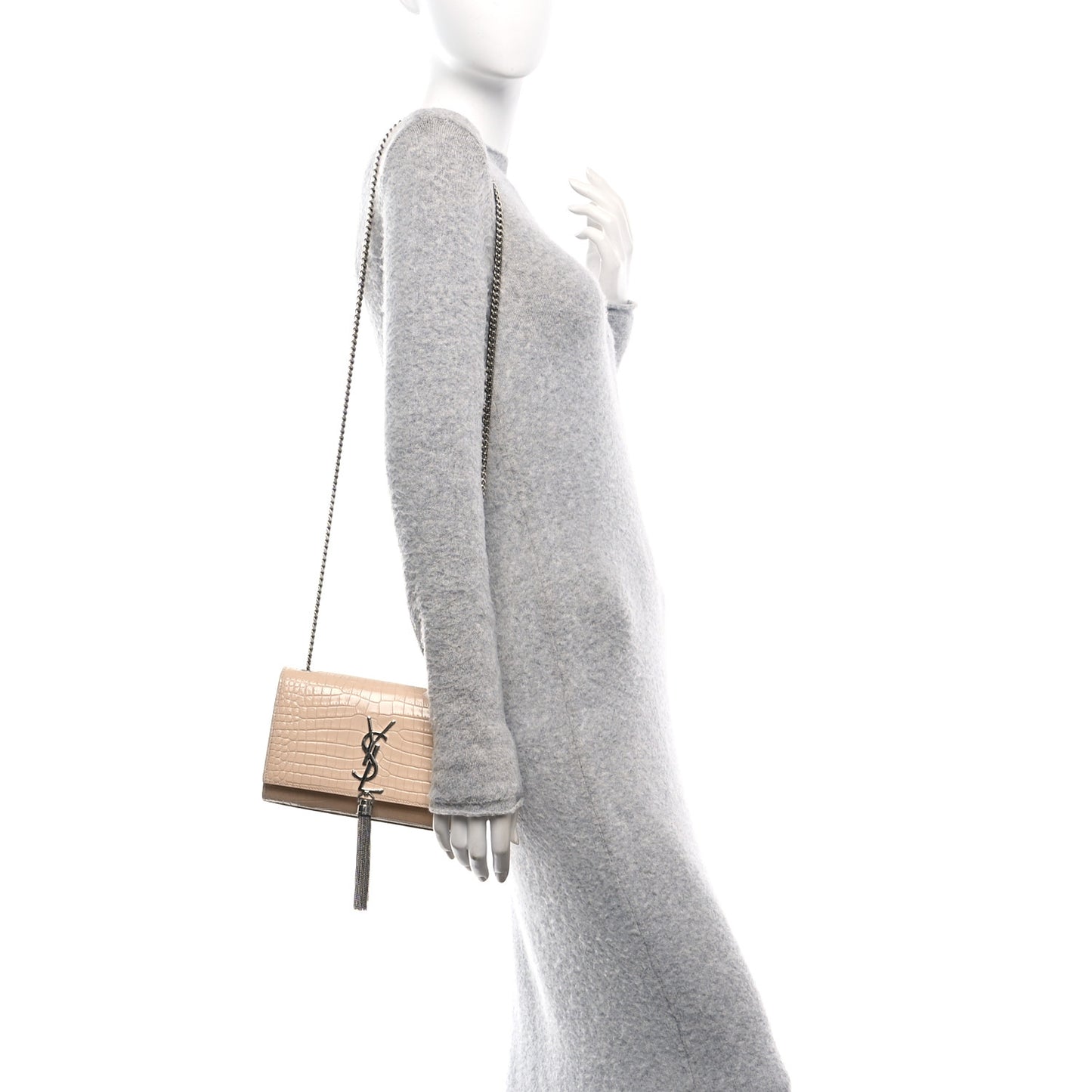 Calfskin Crocodile Embossed Small Classic Monogram Kate Tassel Satchel Nude Powder