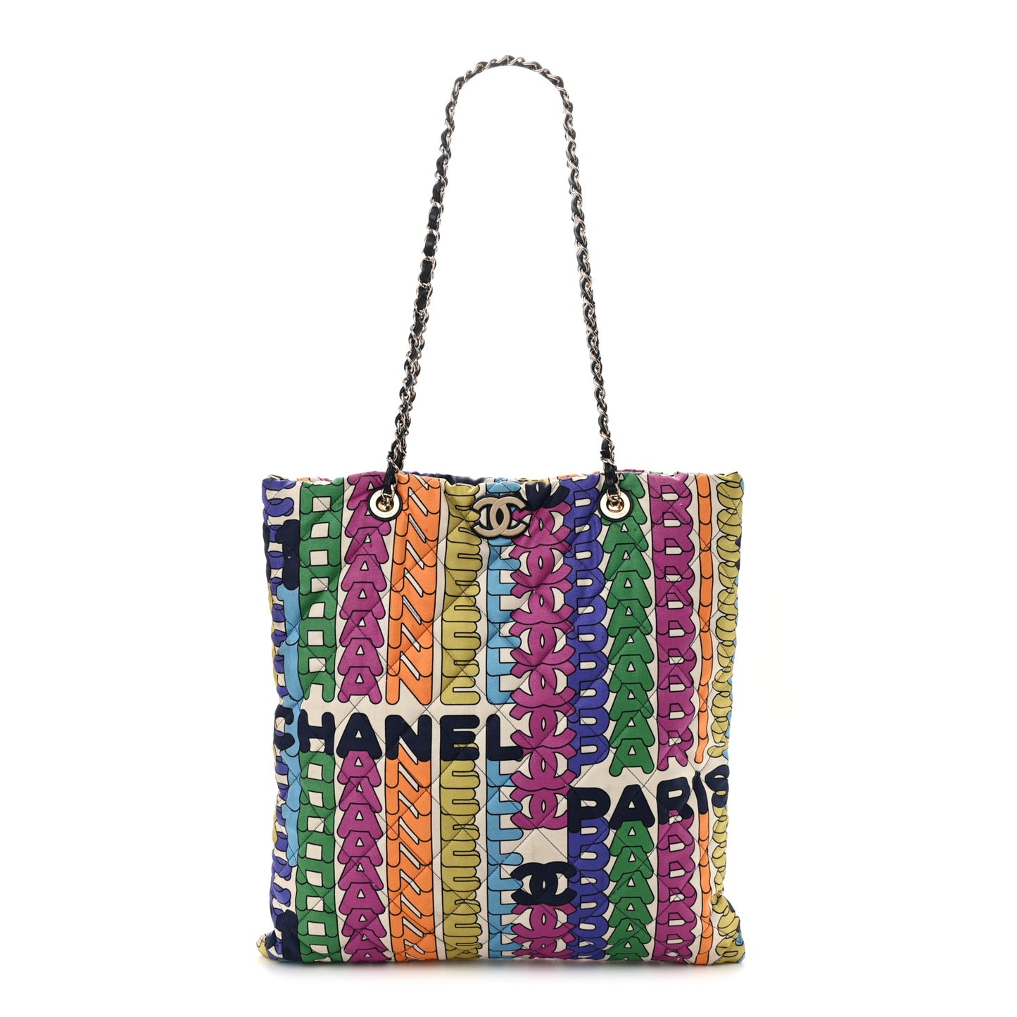 Printed Fabric Quilted Logo Large Shopping Tote Multicolor