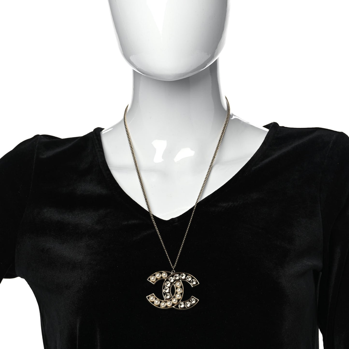 Pearl Crystal CC Pendant Necklace Gold