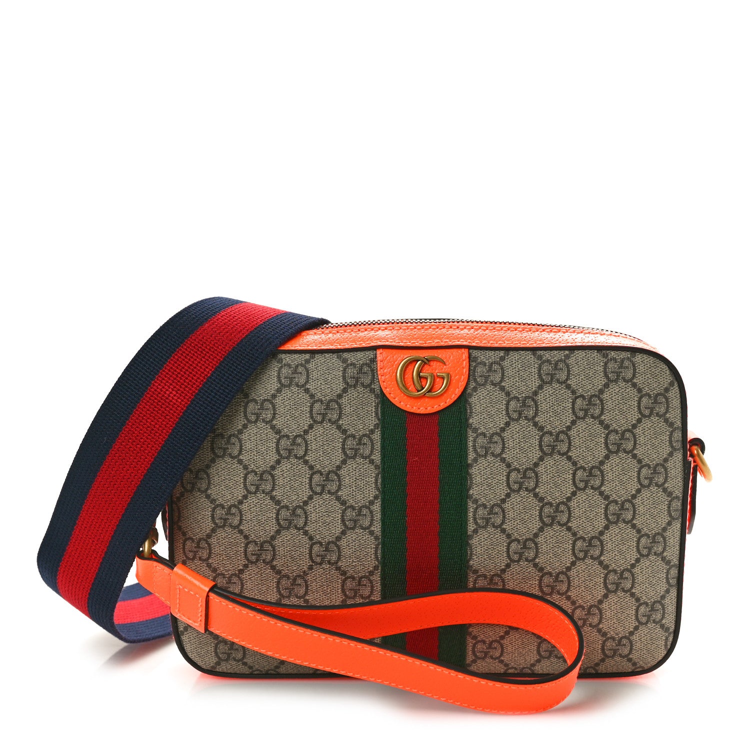 Gucci GG Supreme Monogram Textured Dollar Calfskin Web Ophidia Wristlet Shoulder Bag Beige Ebony Orange 1 of 10