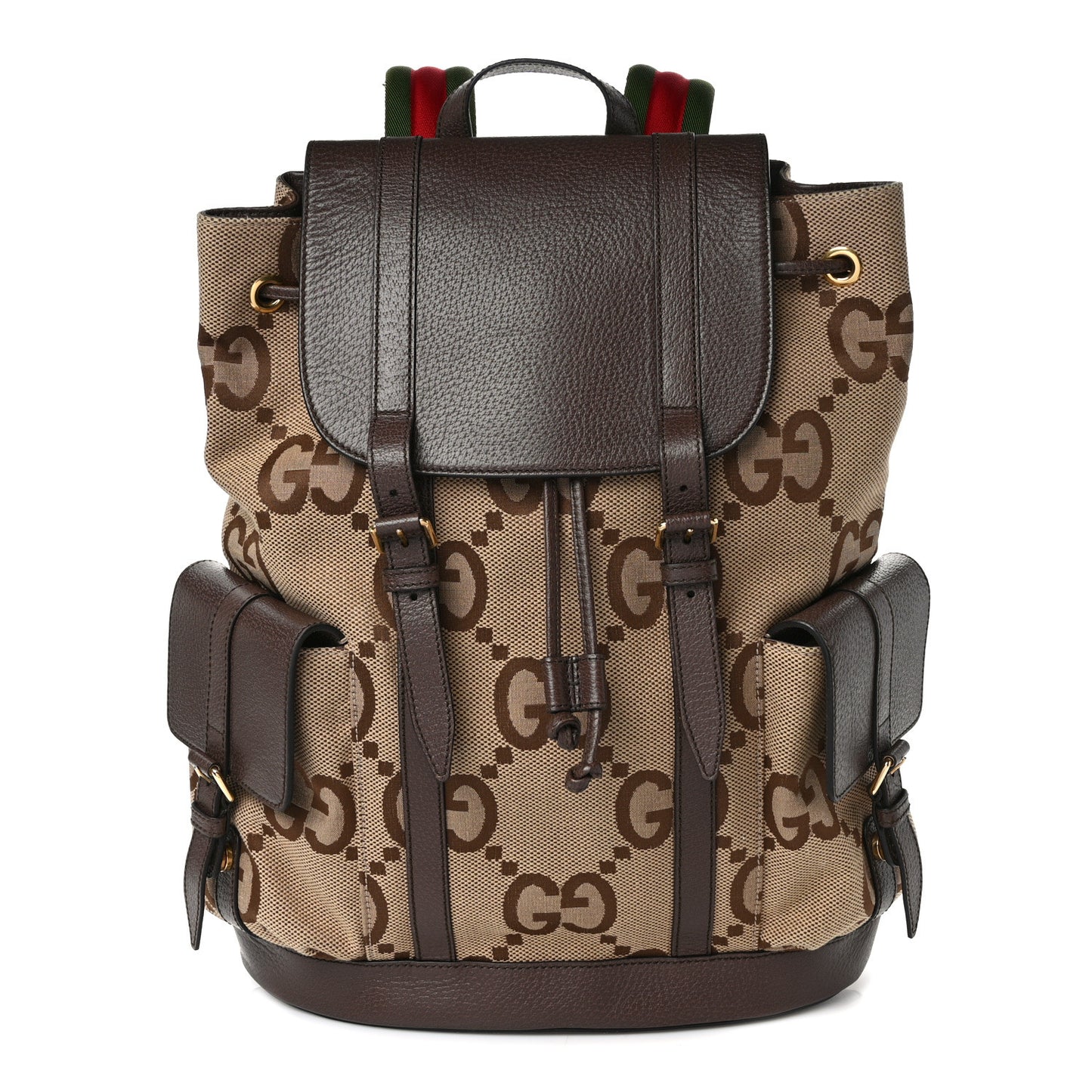 Monogram Jumbo GG Textured Dollar Calfskin Web Double Buckle Backpack Camel Ebony New Acero