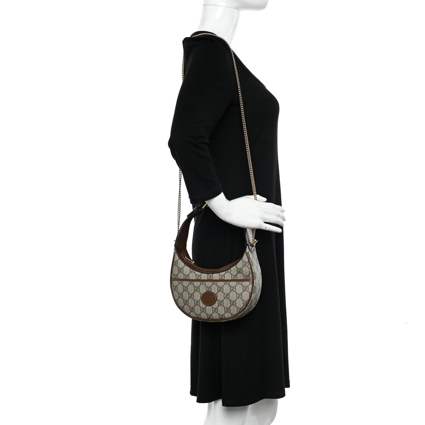 GG Supreme Monogram Azalea Calfskin Mini Retro Interlocking G Half Moon Bag Beige Ebony Brown Sugar