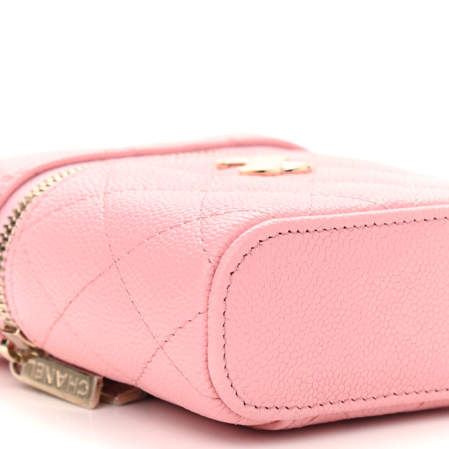 Caviar Quilted Small Handle With Care Vanity Case With Chain Pink