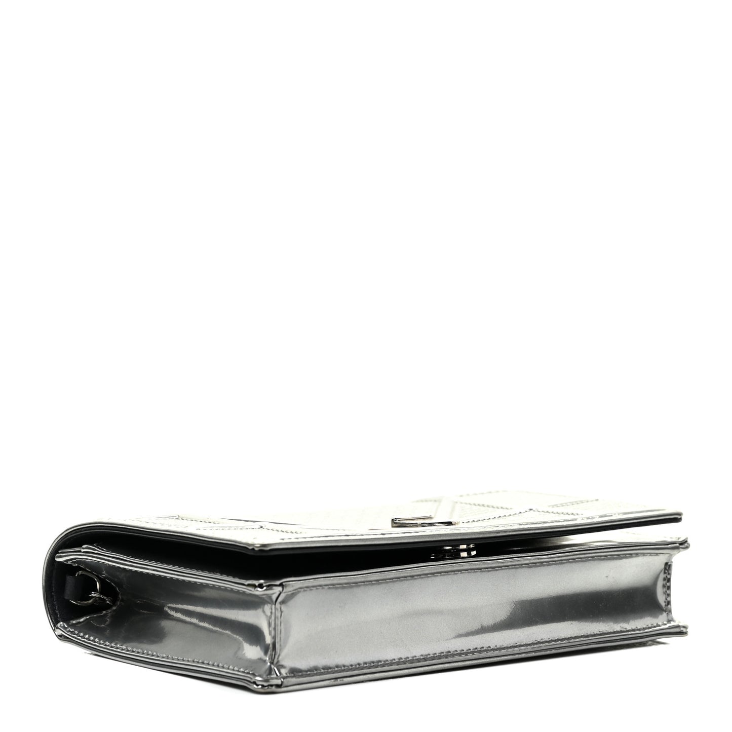Metallic Patent Micro-Cannage Diorama Wallet on Chain Pouch Silver