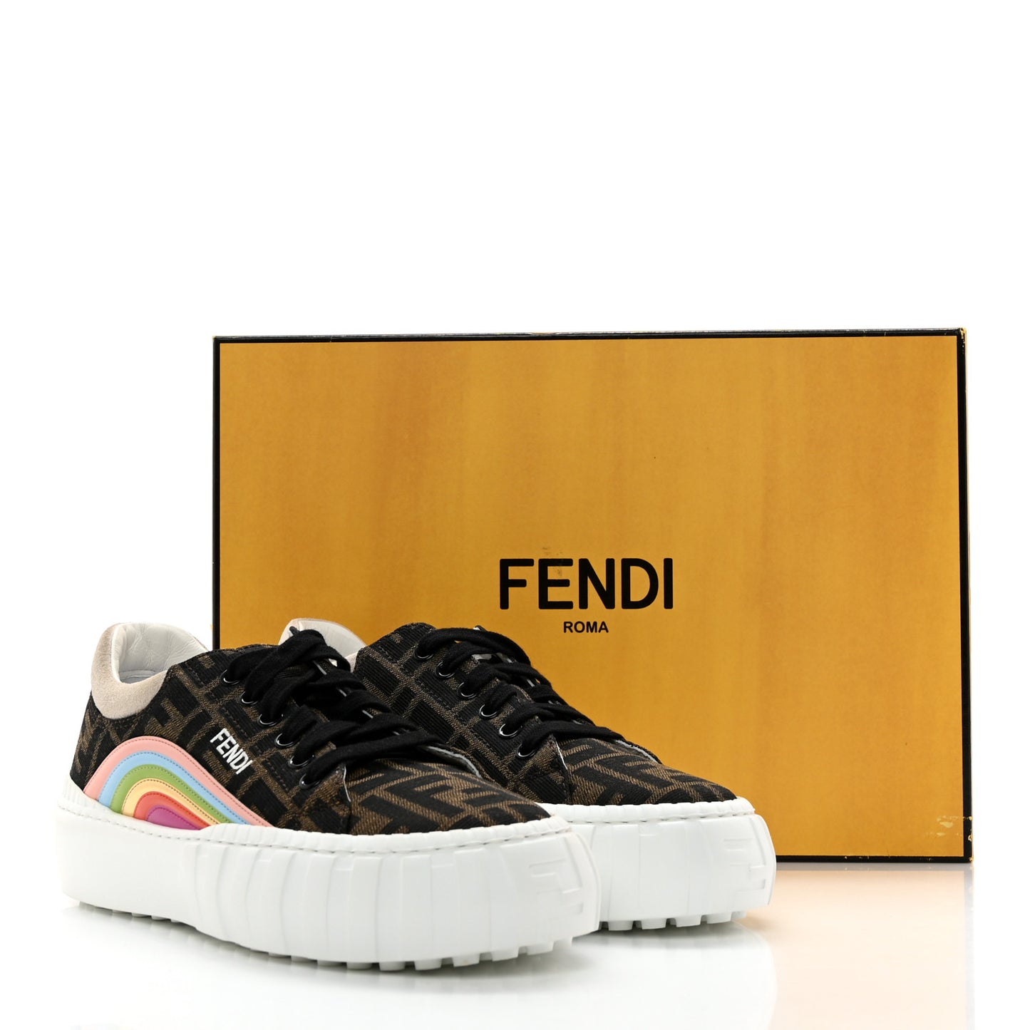 Fabric Jacquard FF Rainbow Womens Fendi Force Low-Top Sneakers 39 Tobacco Black White Multicolor