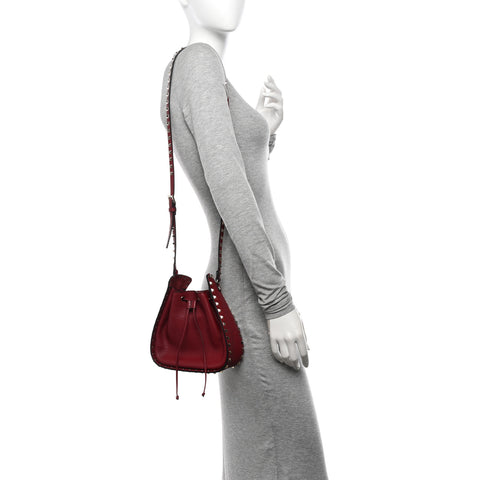 Grained Calfskin Rockstud Bucket Bag Rubino