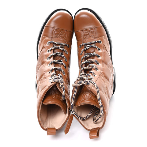 Cordovan Lux Nappa GG Matelasse Lace Up 60mm Combat Boots 37.5 Dark Hazel Brown