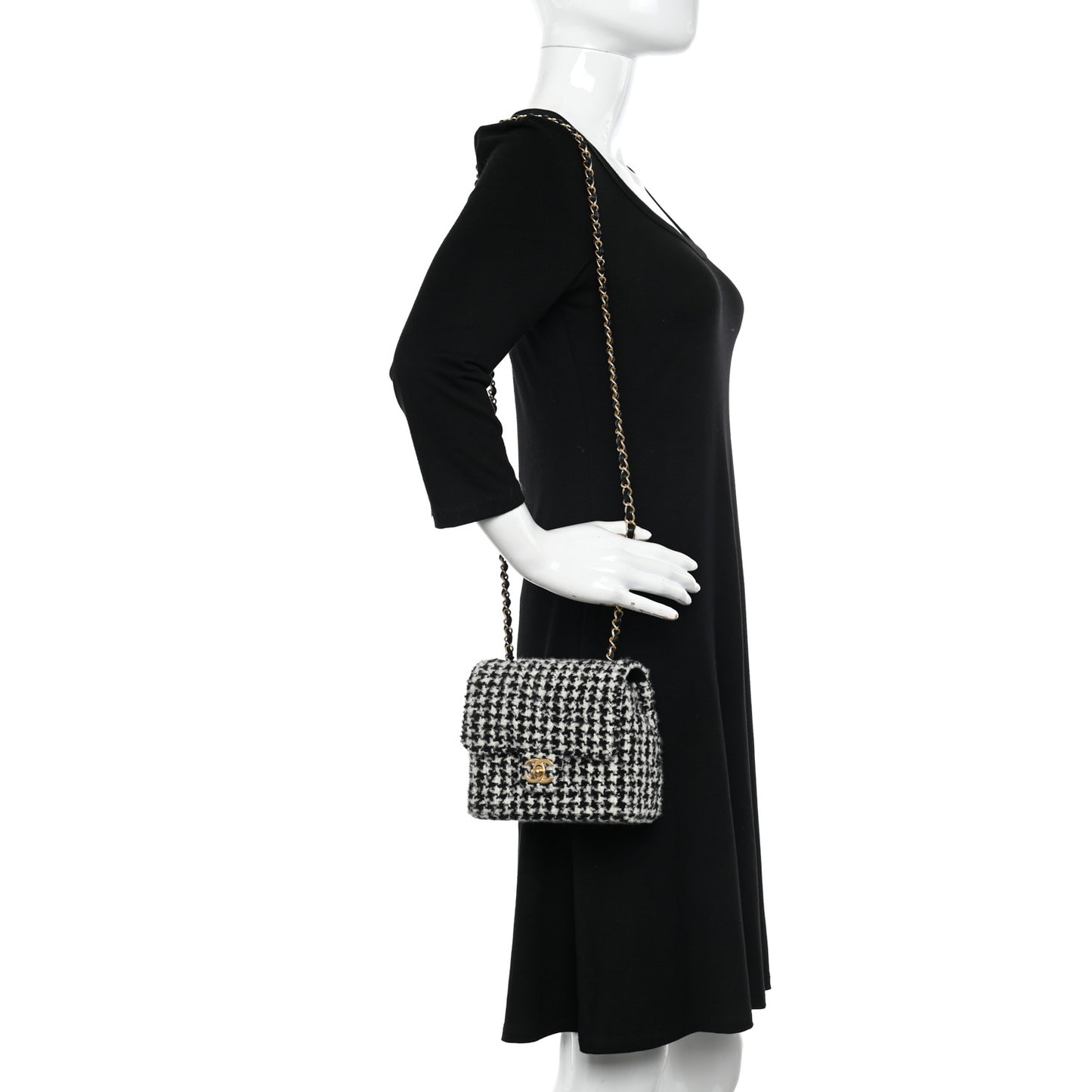 Tweed Houndstooth Quilted Mini Square Flap White Black