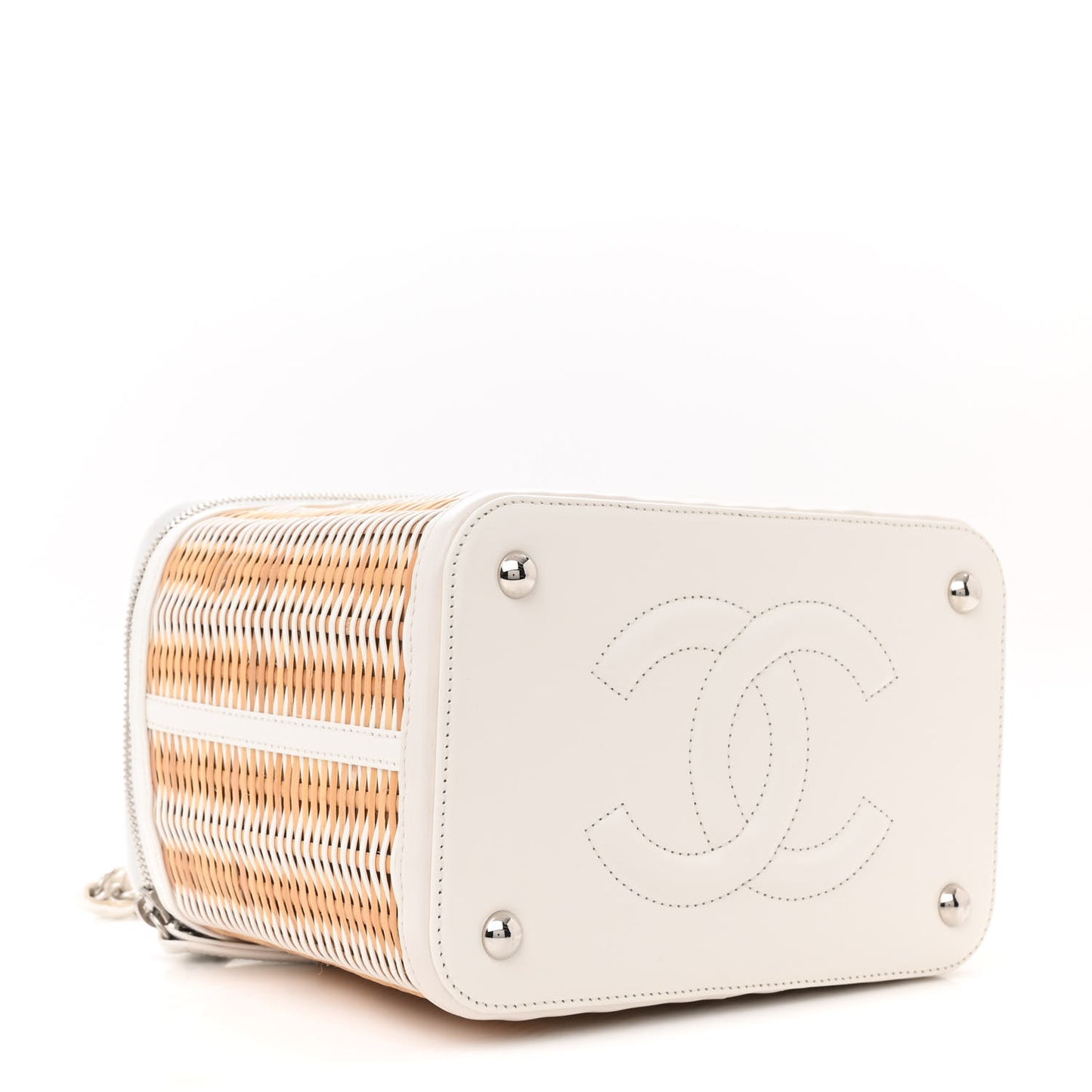 Glazed Calfskin Raffia Vanity Case Bag White Beige