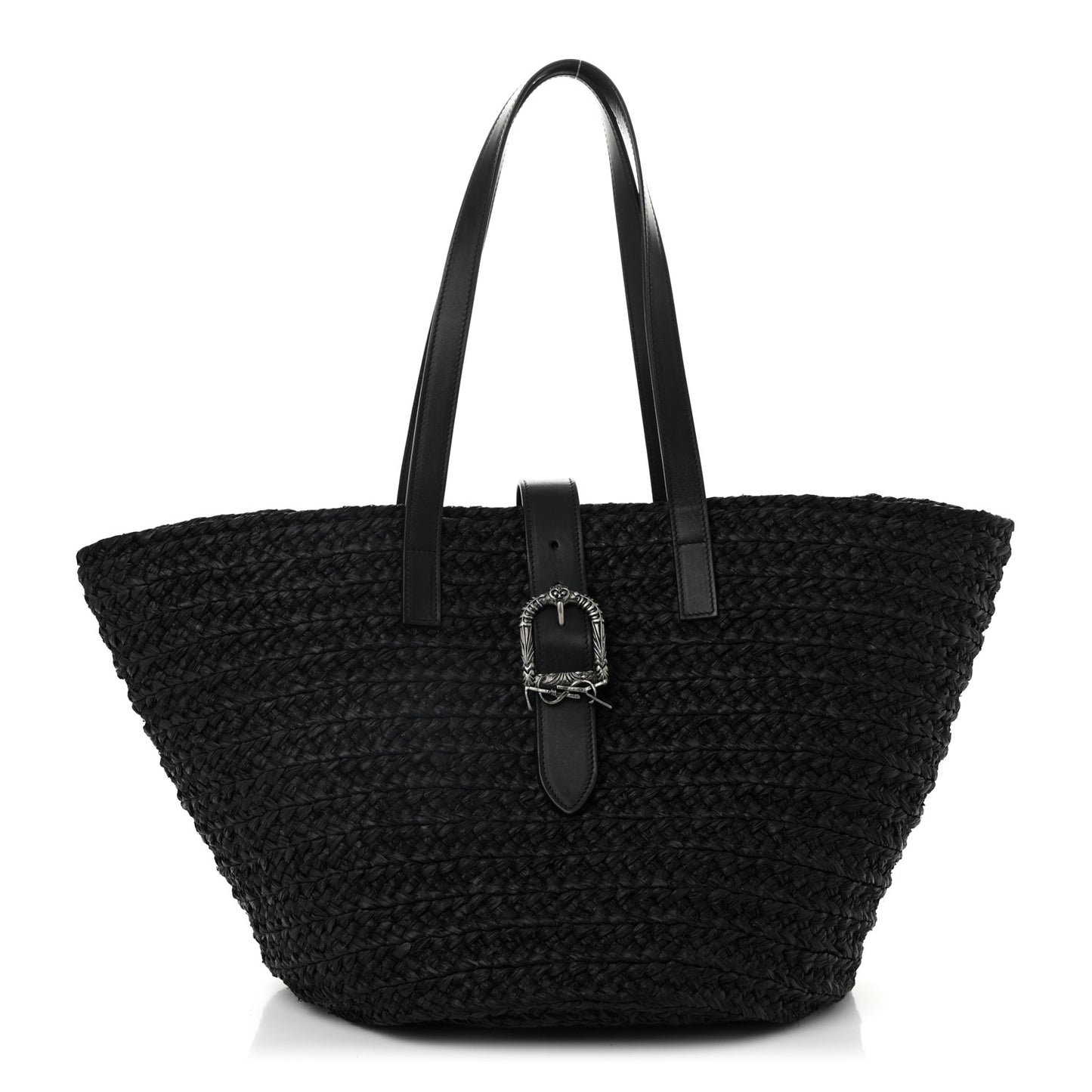 Raffia Calfskin Celtic Buckle Medium Panier Tote Black