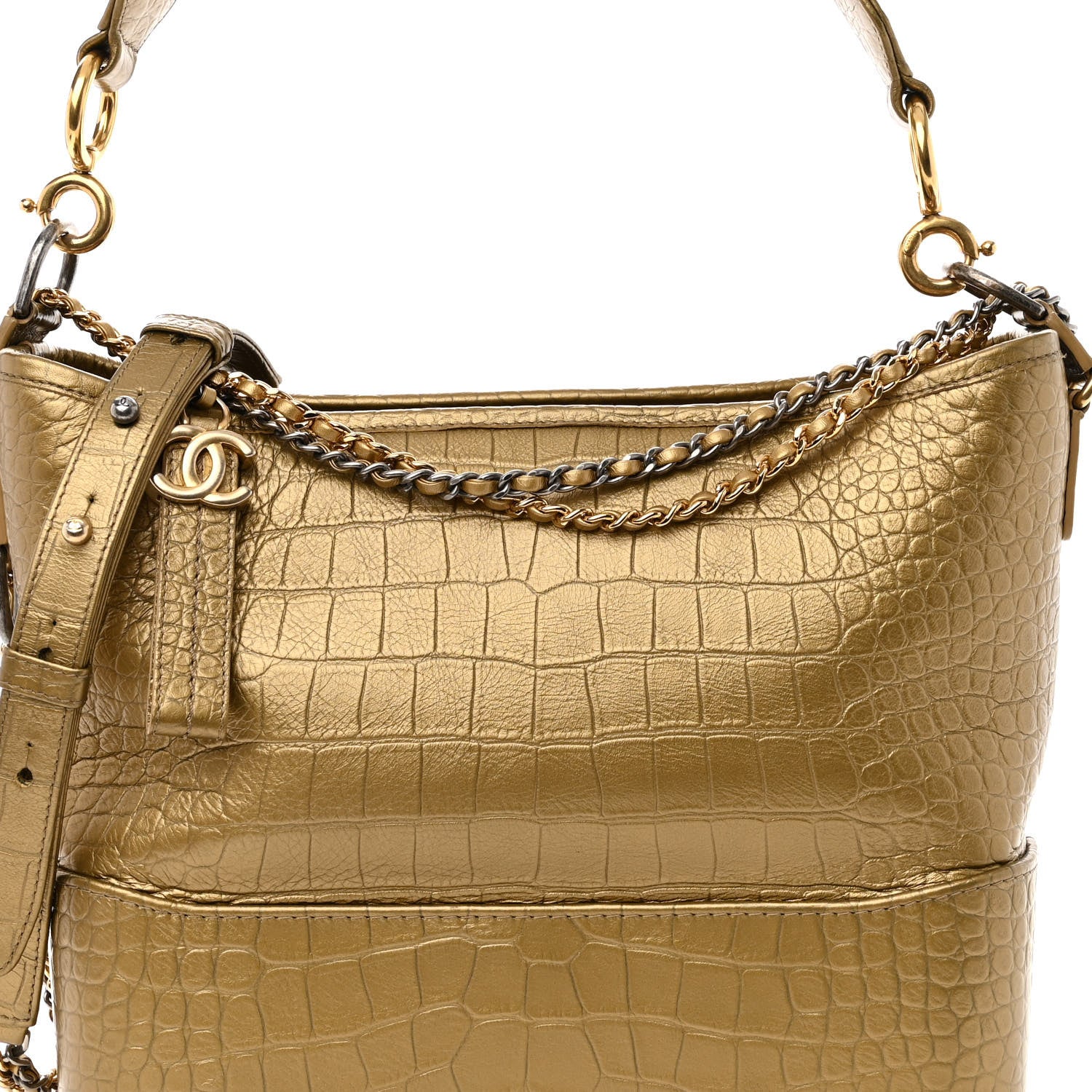 Chanel Metallic Calfskin Crocodile Embossed Medium Gabrielle Cocodile Hobo Gold 7 of 9