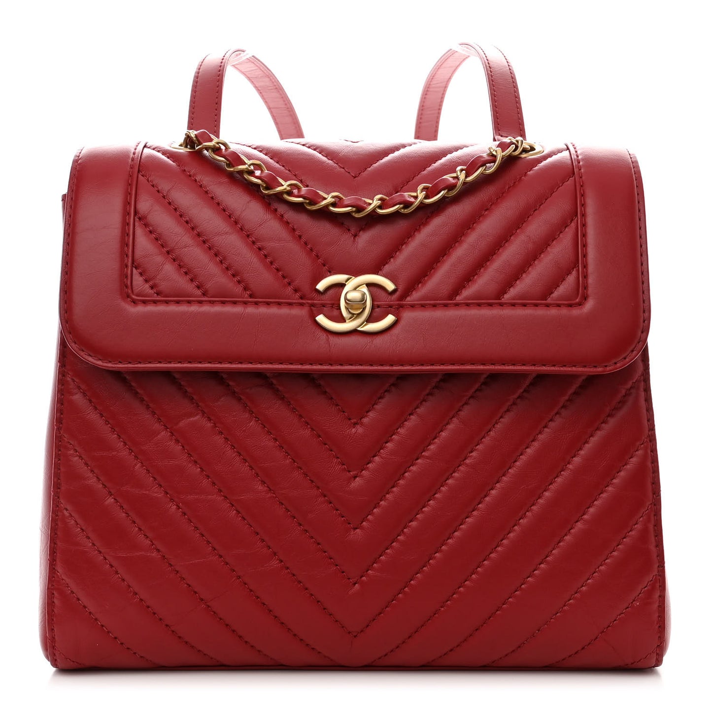 Aged Calfskin Chevron Quilted Backpack Red