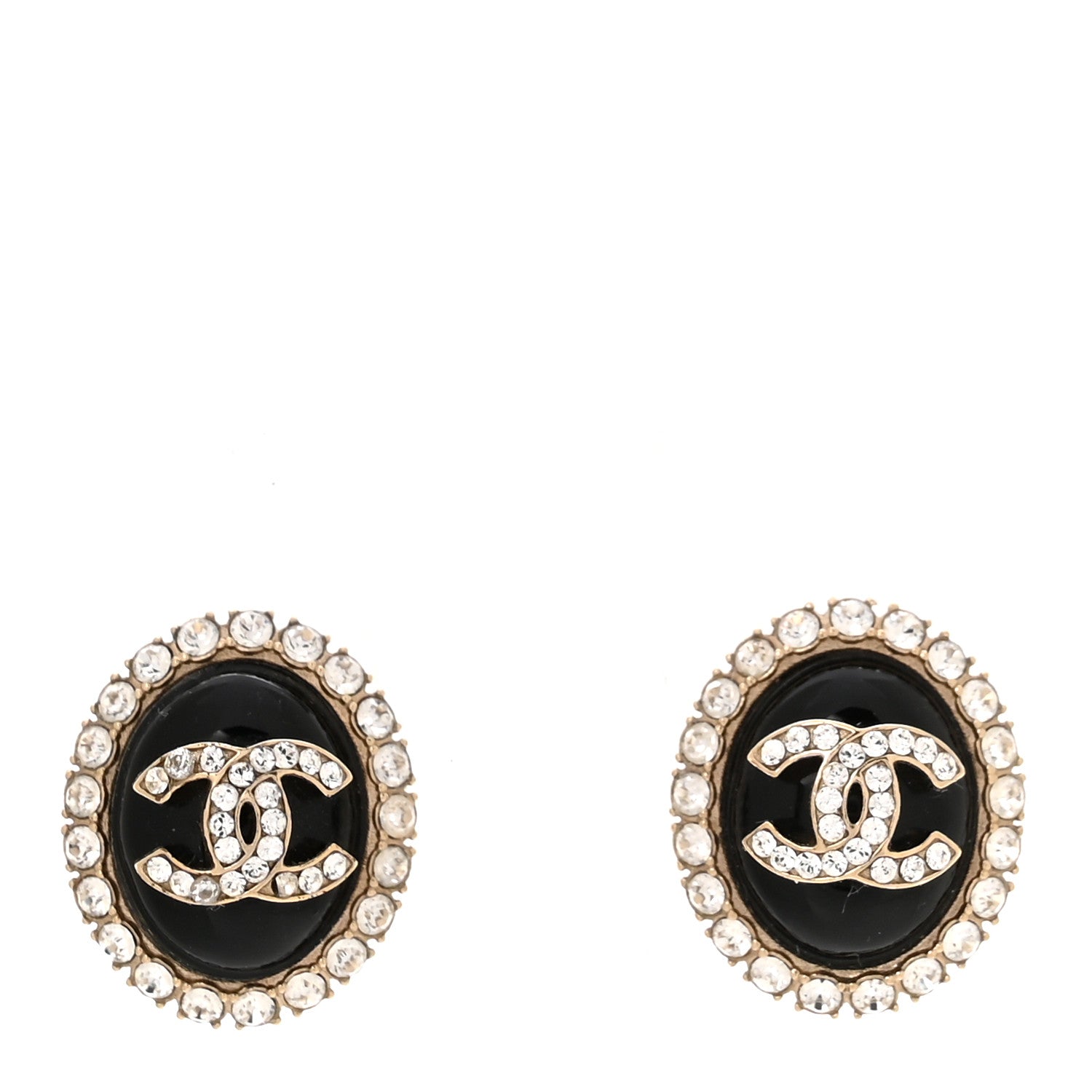 Chanel Crystal Enamel CC Round Earrings Light Gold Black 1910770