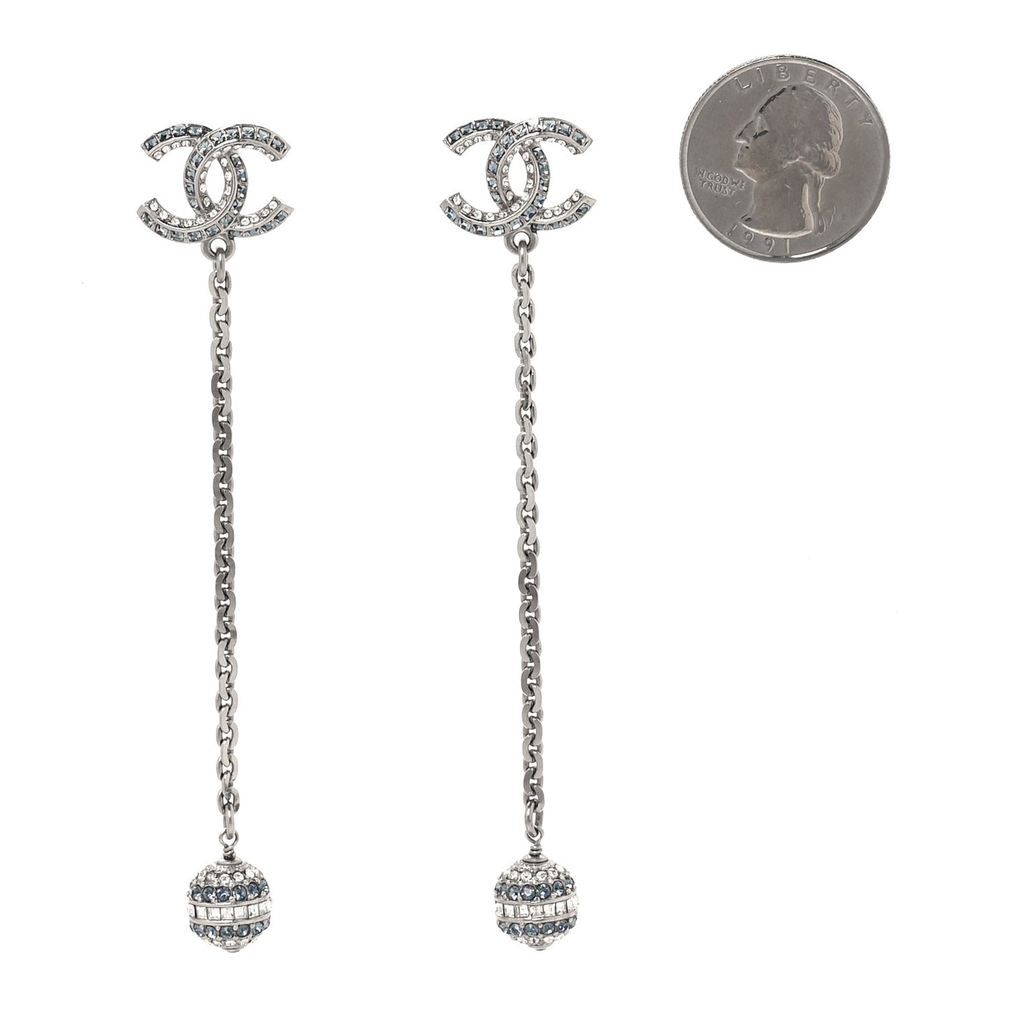 Crystal Drop Long CC Earrings Silver