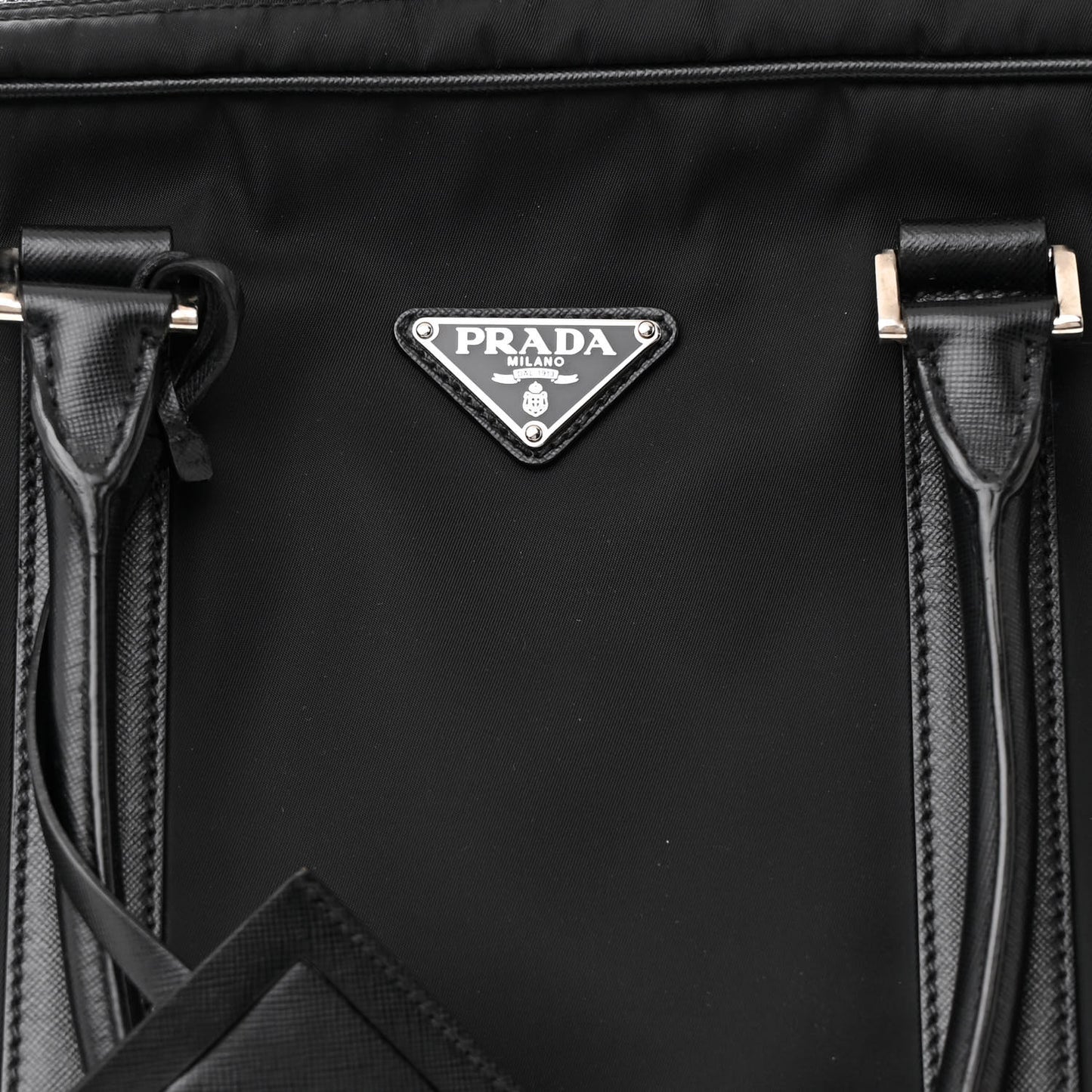 Tessuto Nylon Saffiano Metal Triangle Logo Work Bag Black
