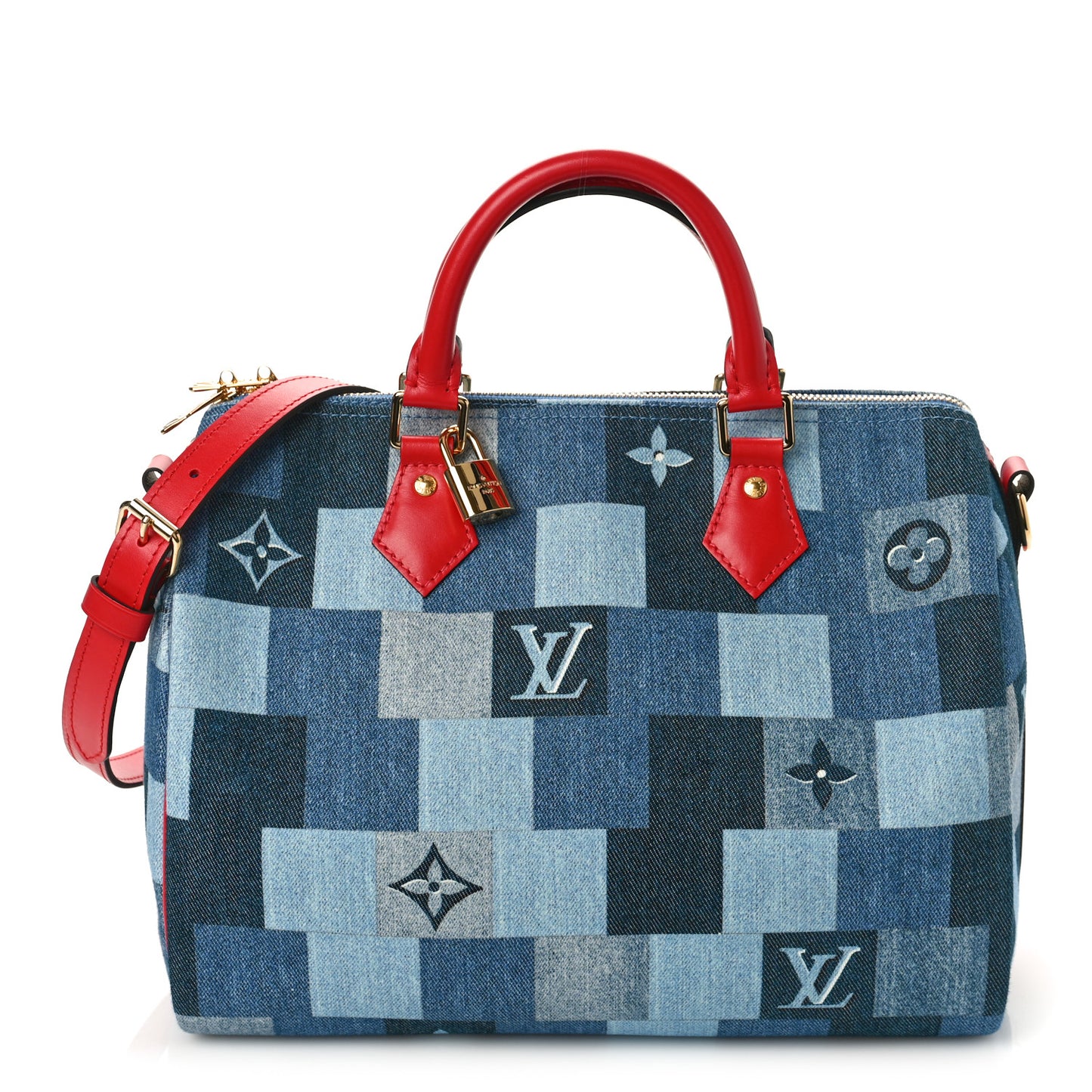Denim Damier Monogram Patchwork Speedy Bandouliere 30 Blue Rouge