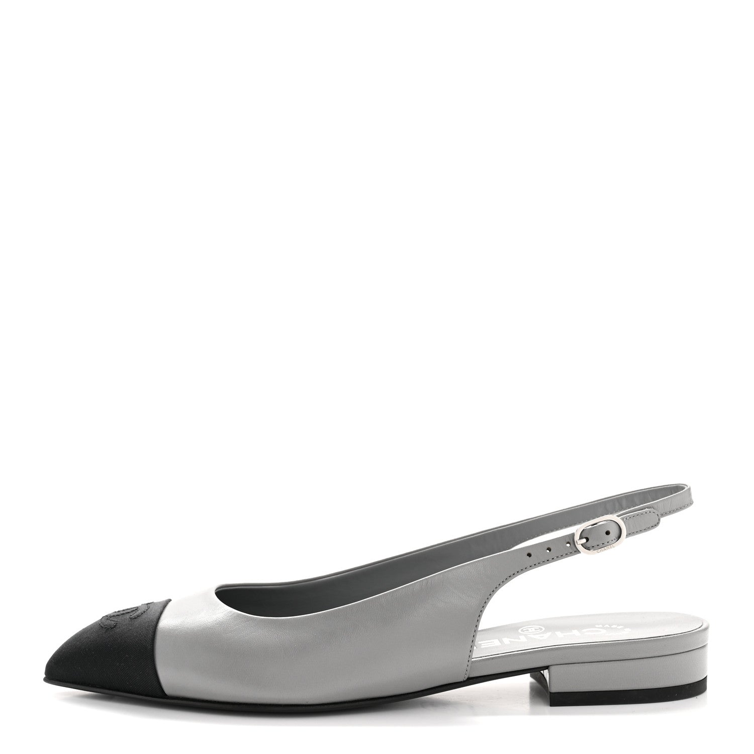 Chanel Goatskin Grosgrain Pointed Toe CC Slingback Flats 36 Gray