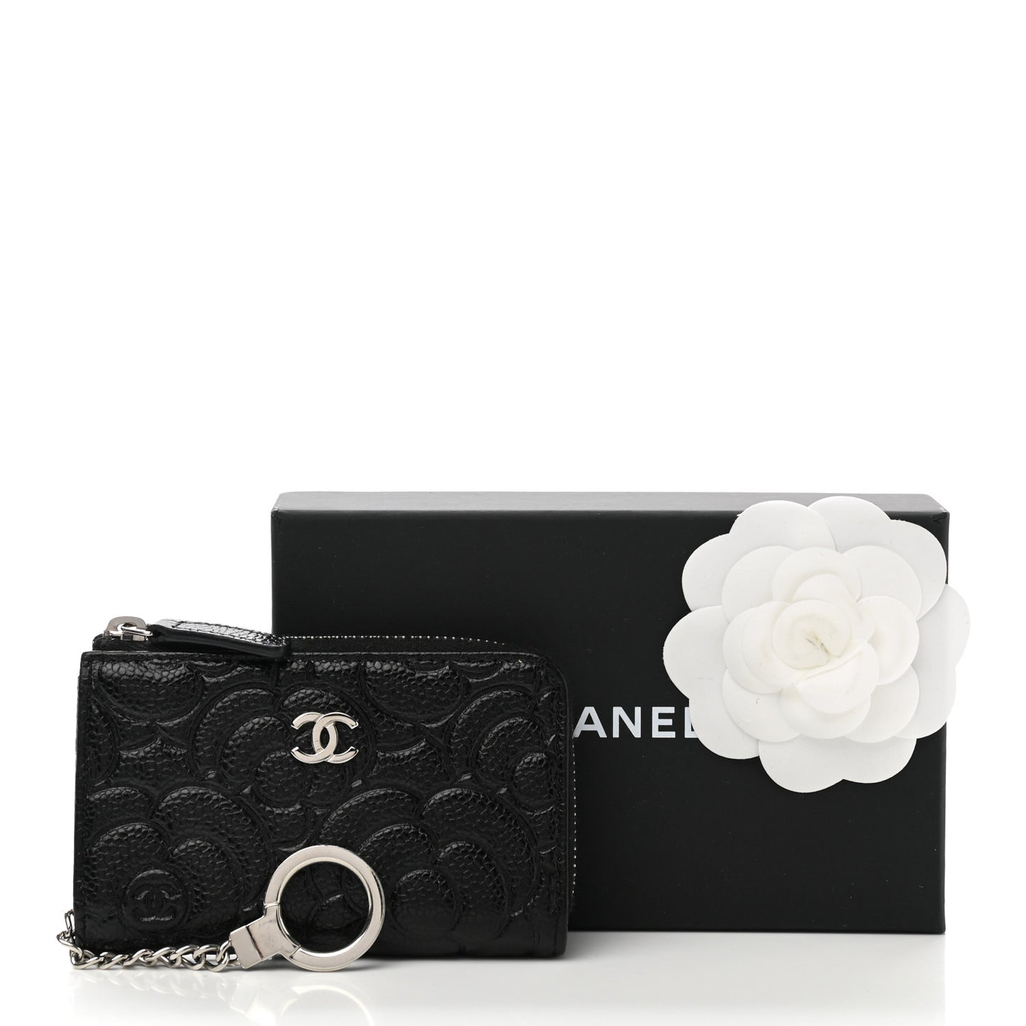 Caviar Camellia Embossed Key Holder Case Black