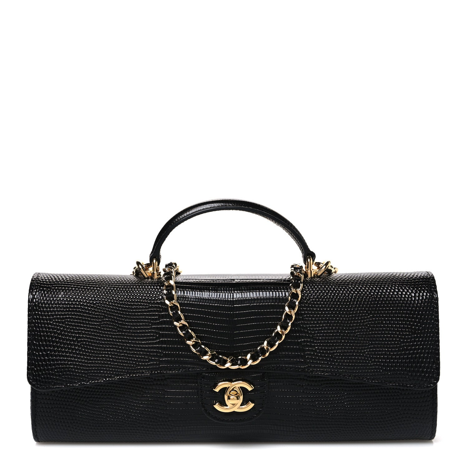 Chanel Calfskin Lizard Embossed Top Handle Long Clutch With Chain
