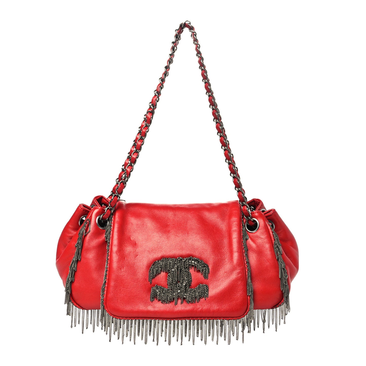 Lambskin Rock And Cabaret Chain Fringe Accordion Flap Red