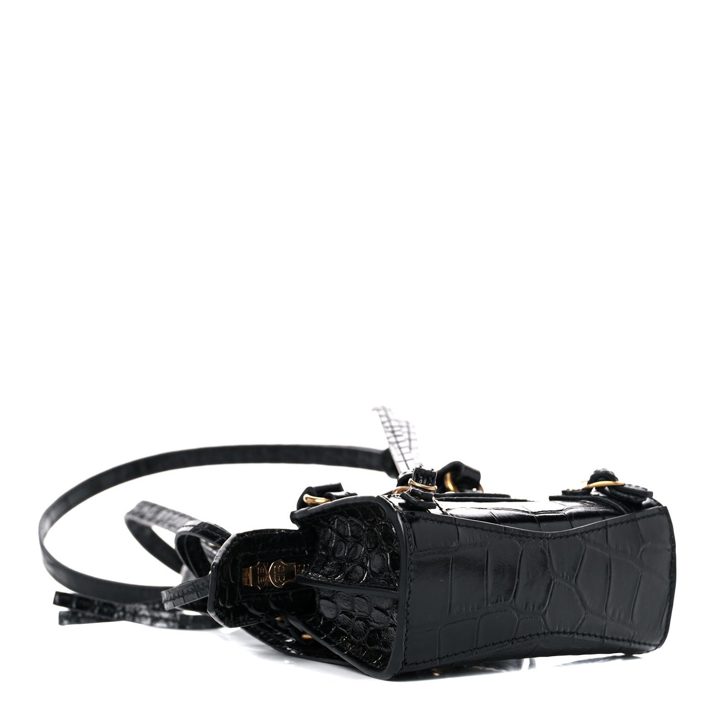 Shiny Supple Calfskin Crocodile Embossed Neo Classic Gold Hardware Super Nano City Crossbody Black