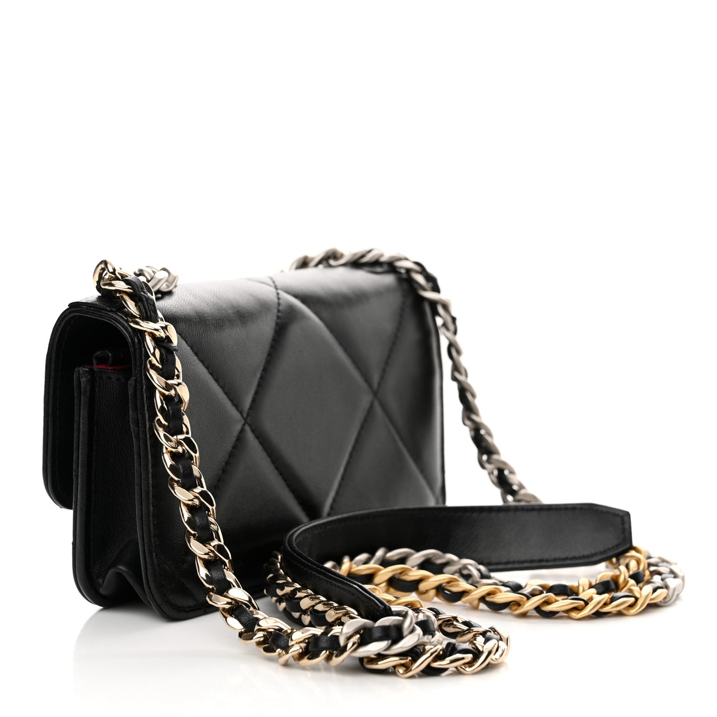 Lambskin Quilted Chanel 19 Flap Phone Holder With Chain Black
