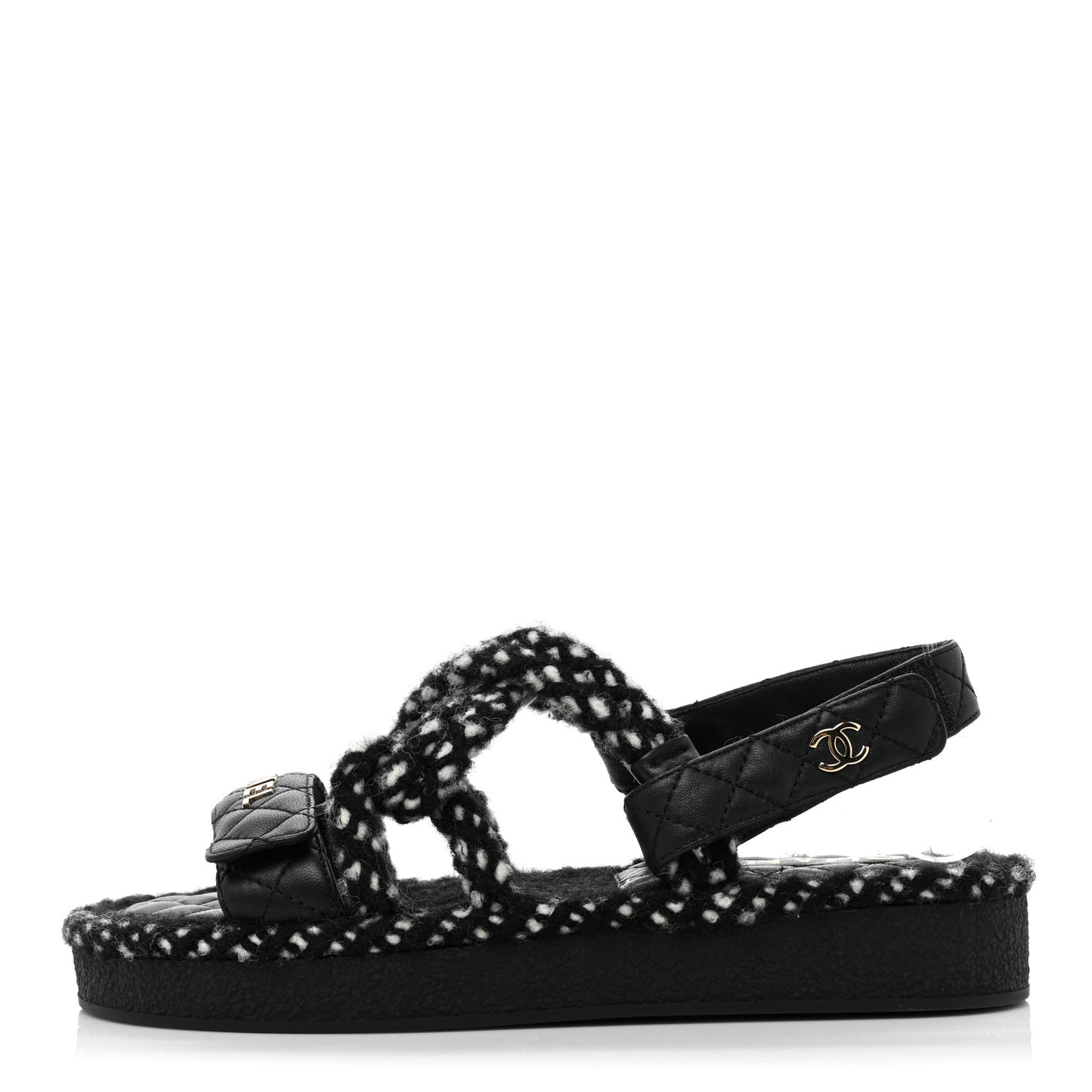 Cord Lambskin Quilted Logo Sandals 37 Black White
