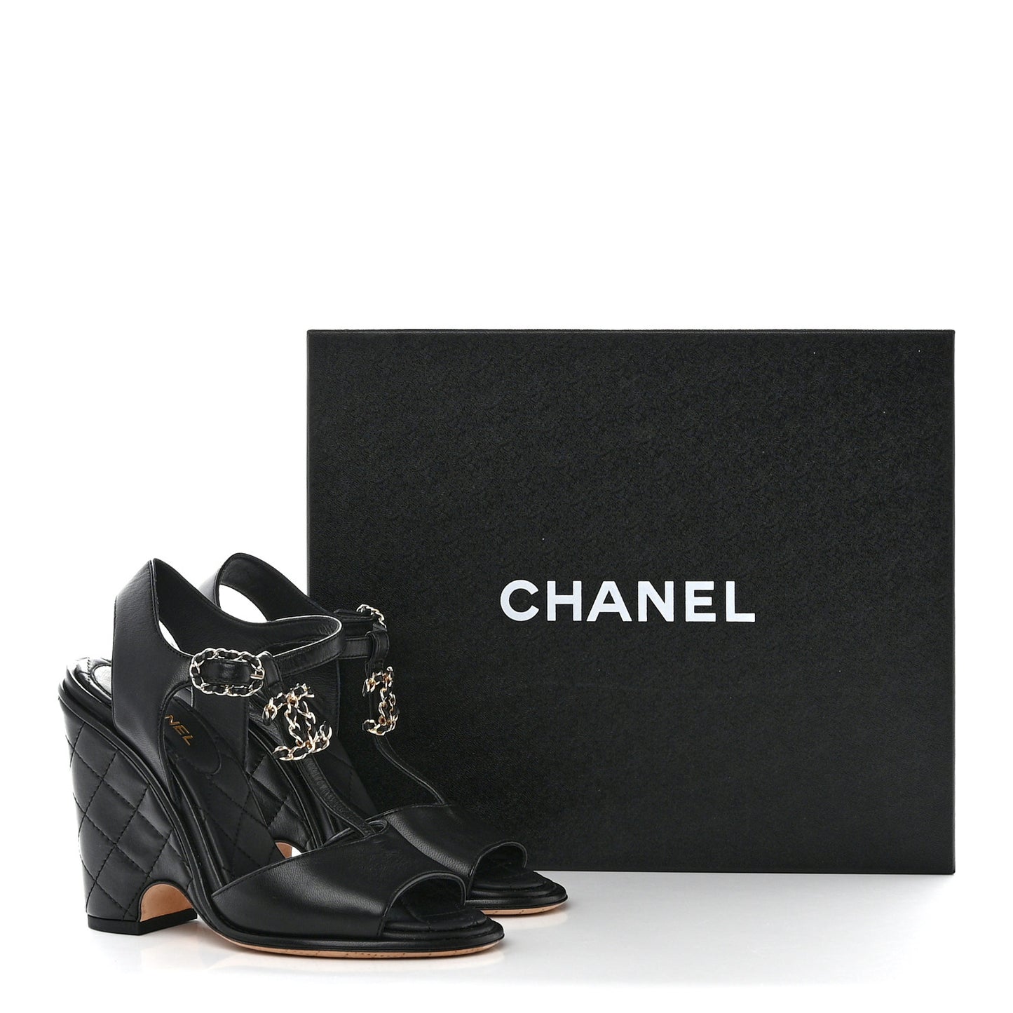 Lambskin Quilted Chain CC Wedge Sandals 36 Black