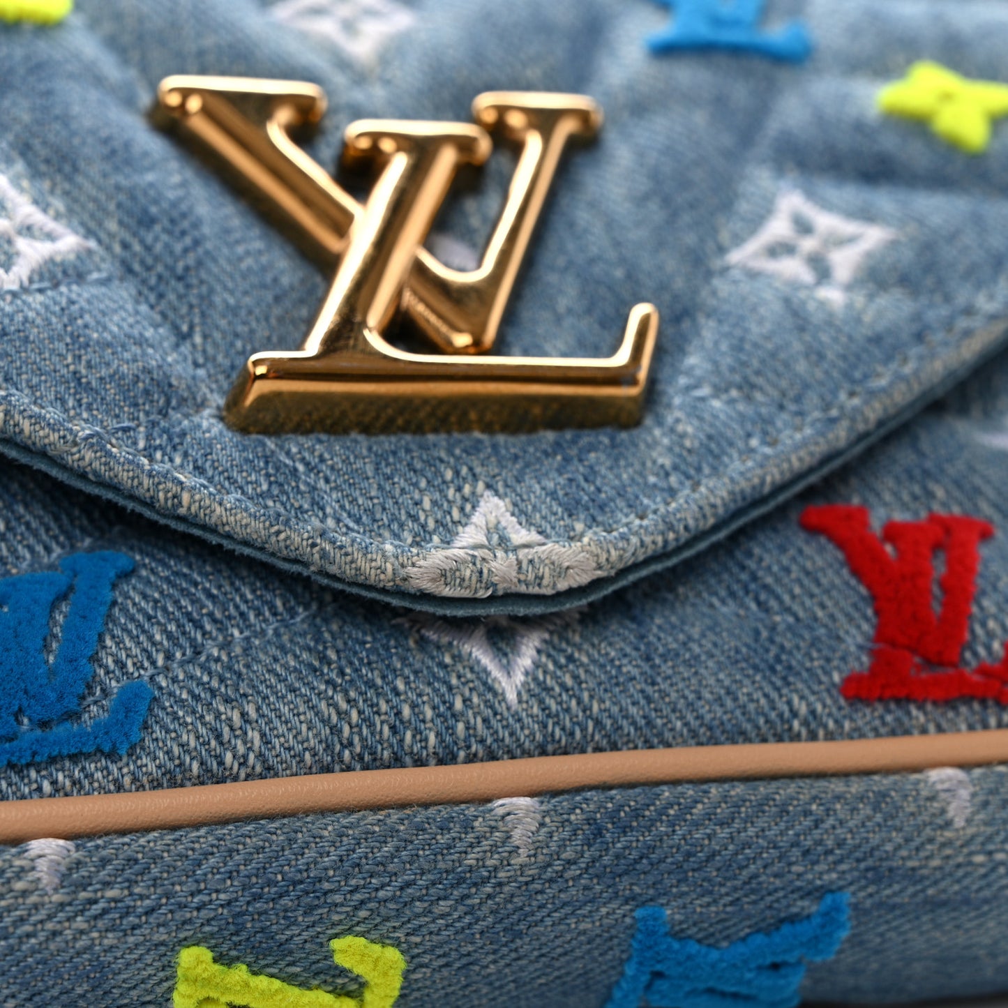 Embroidered Monogram Denim New Wave Chain Pochette Blue