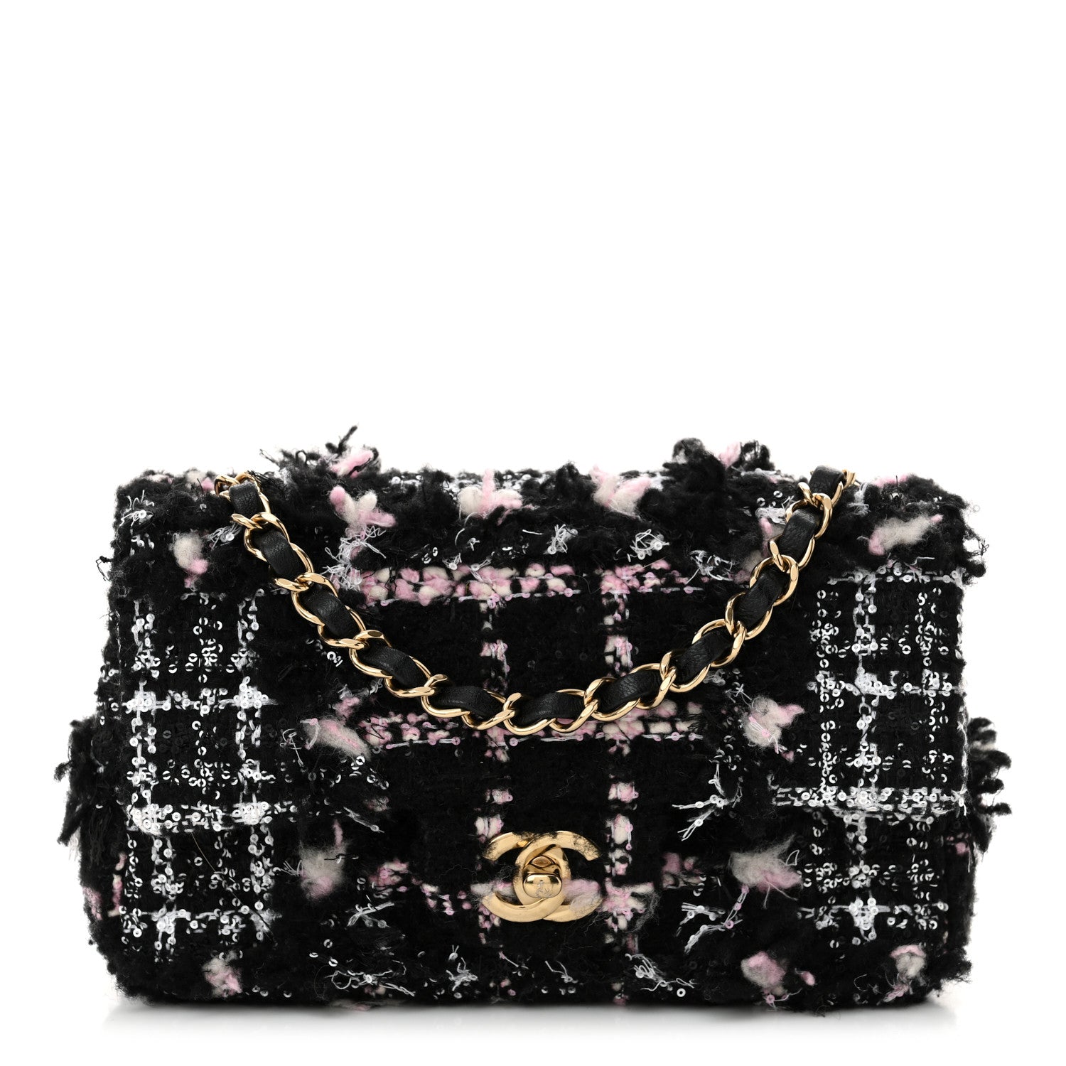 Chanel Tweed Sequin Mini Rectangular Flap Black Pink Multicolor