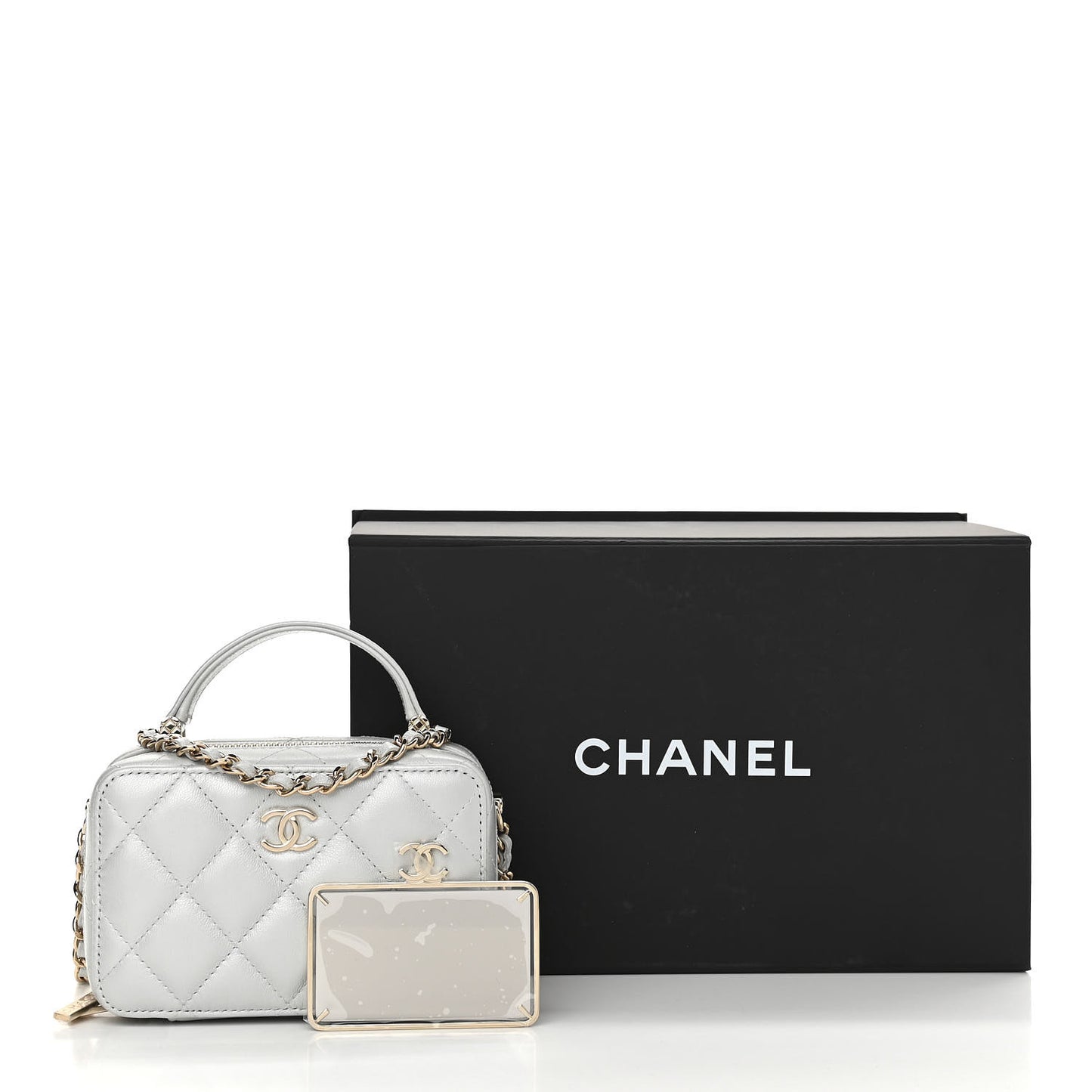 Metallic Lambskin Quilted Top Handle Vanity Case Silver