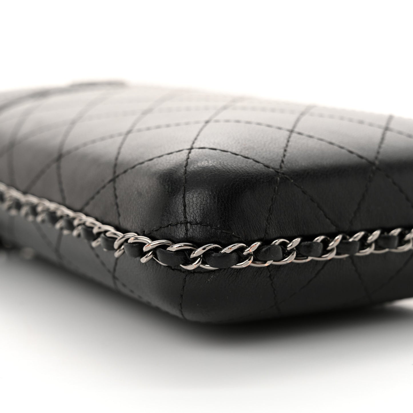 Lambskin Quilted Chain Around Phone Holder Black
