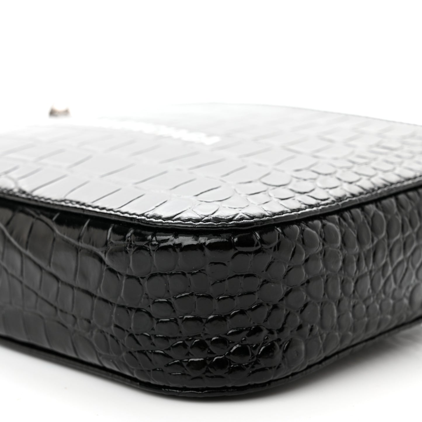Shiny Calfskin Logo Crocodile Embossed S Everyday Camera Bag with Handle Black