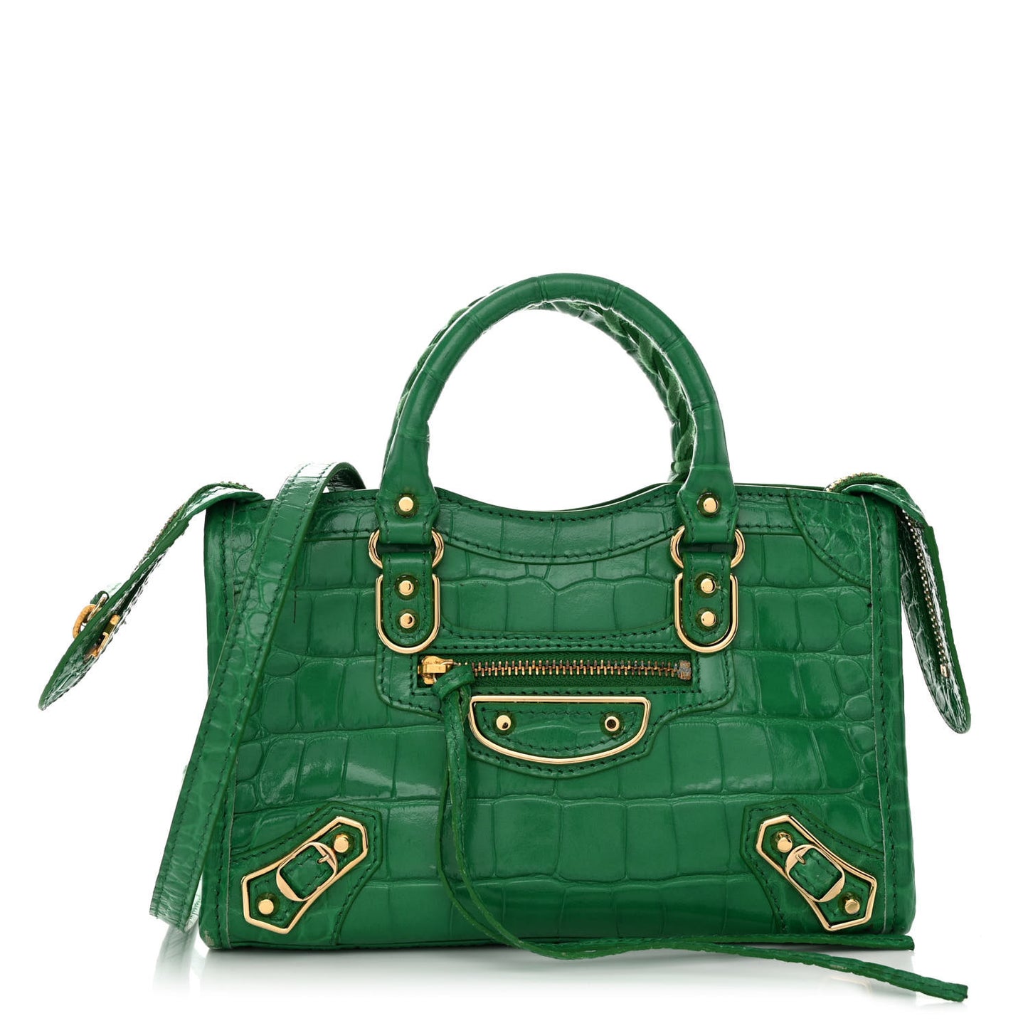 Shiny Supple Calfskin Crocodile Embossed Gold Metallic Edge Hardware Nano City Leaf Green