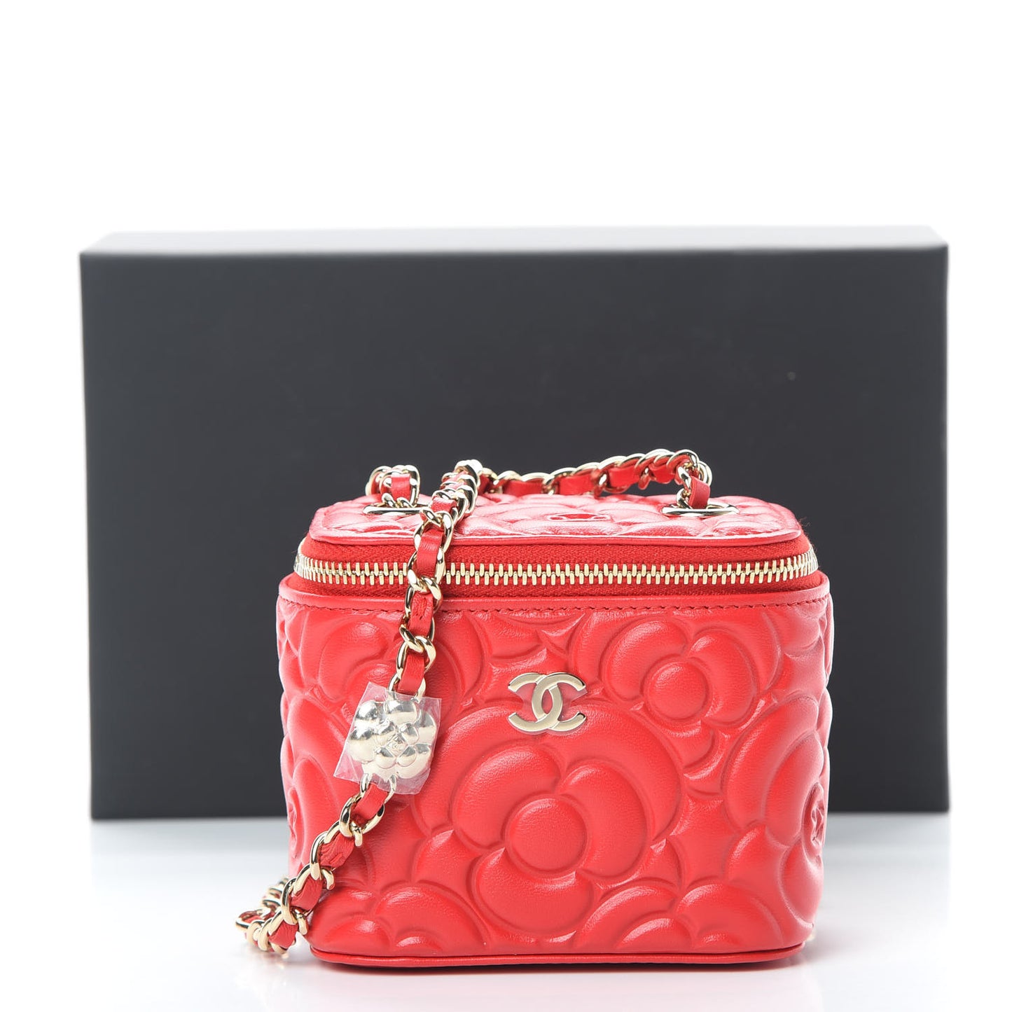 Lambskin Camellia Embossed Mini Vanity Case With Chain Red