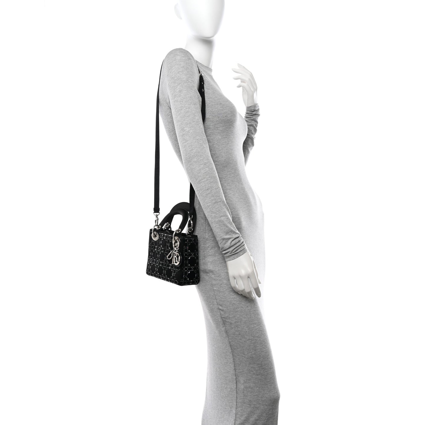 Satin Crystal Cannage Mini Lady Dior Black