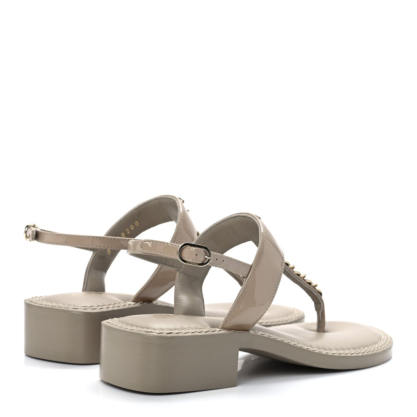 Lambskin Patent Chain CC Logo Thong Sandals 35.5 Beige
