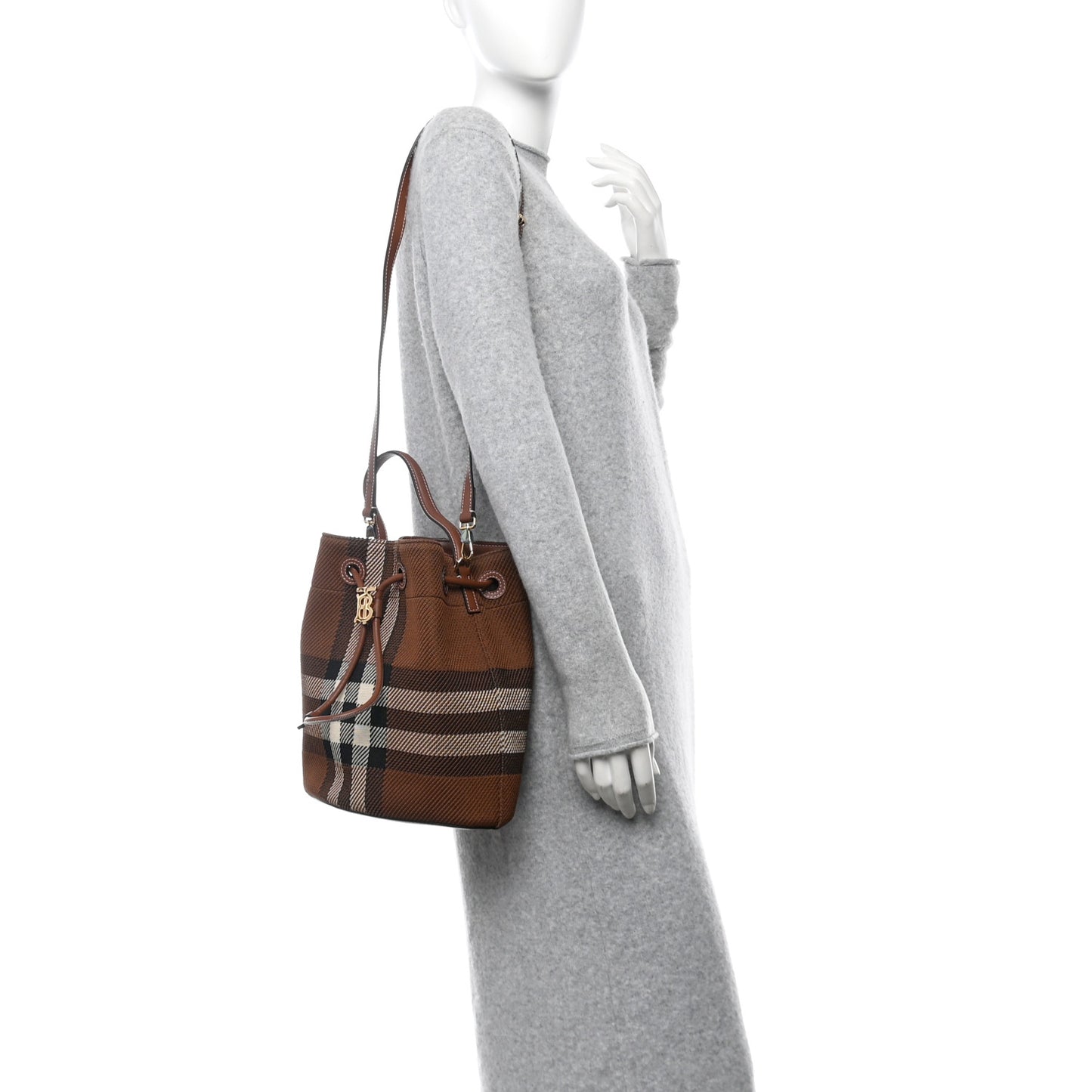 Knitted Check Calfskin TB Small Drawstring Bucket Bag Dark Birch Brown